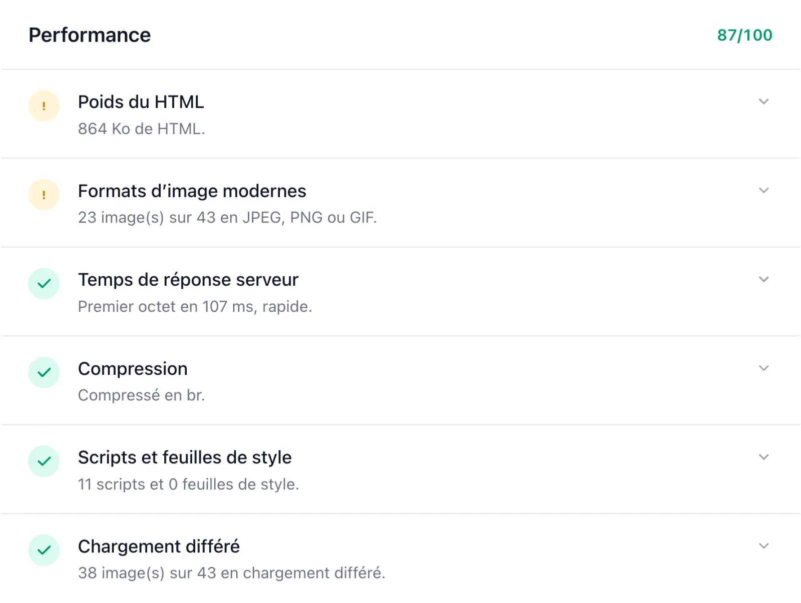 Section performance du rapport SEO avec poids du HTML, formats d’image, temps de réponse et compression