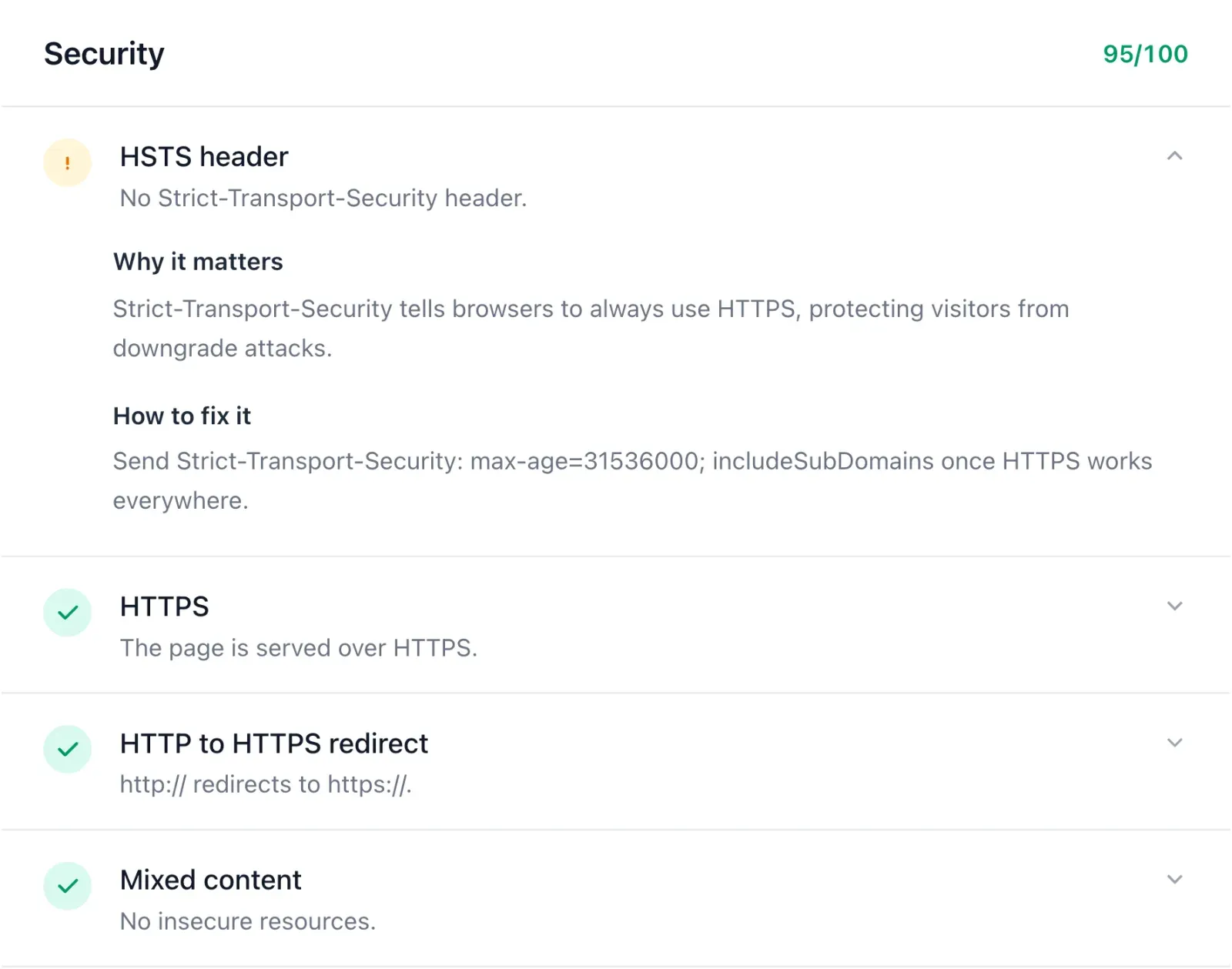Security checks in the SEO report with the HSTS warning opened to show why it matters and how to fix it