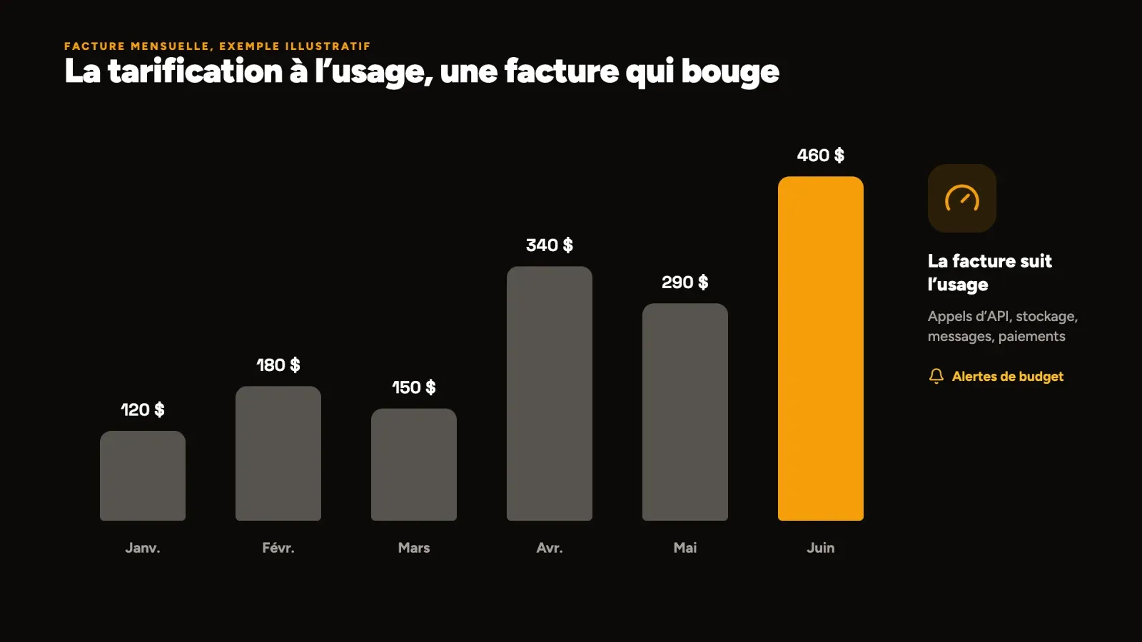 Graphique en barres d’une facture à l’usage illustrative qui varie chaque mois de 120 à 460 dollars, avec un rappel d’alerte de budget