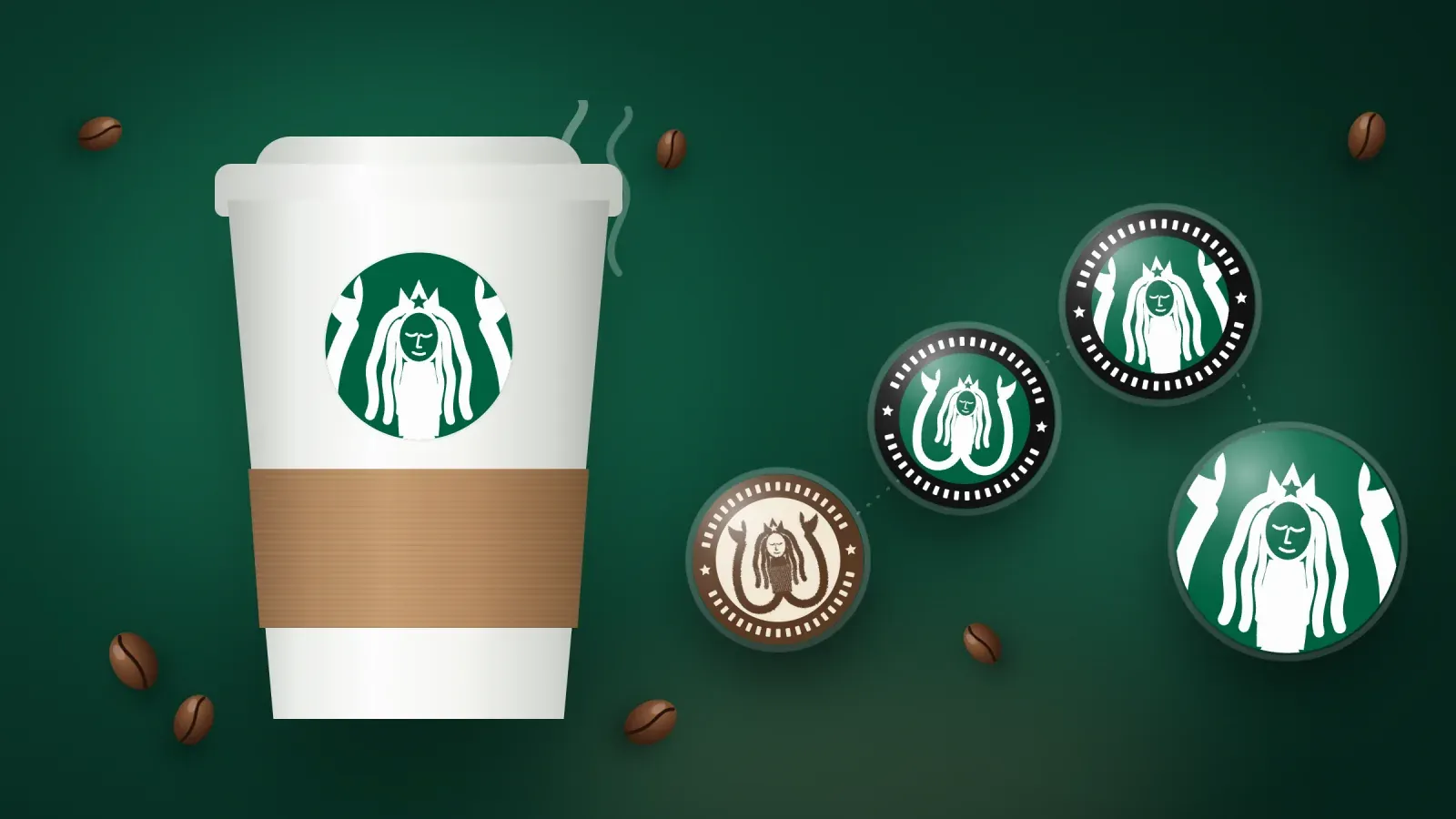Gobelet de café blanc brillant avec un emblème de sirène verte et un manchon kraft, à côté de quatre disques flottants montrant l'évolution du brun au vert, avec des grains de café sur fond vert profond