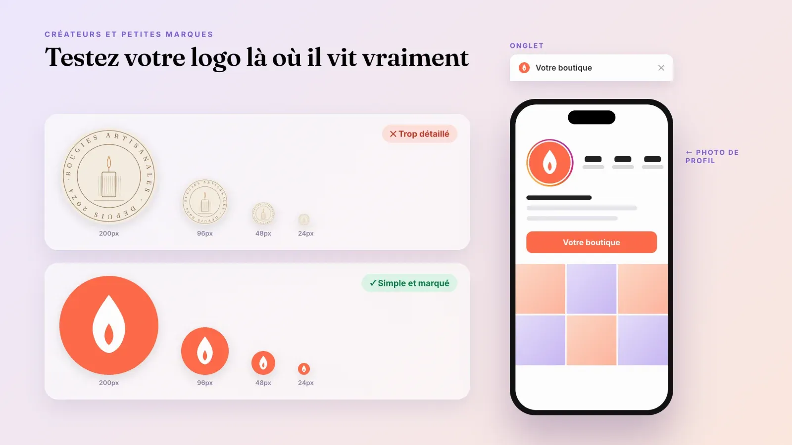 Un logo de bougie détaillé et un logo de flamme simple montrés à 200, 96, 48 et 24 pixels, à côté d'un onglet de navigateur et d'un profil sur téléphone avec le logo simple