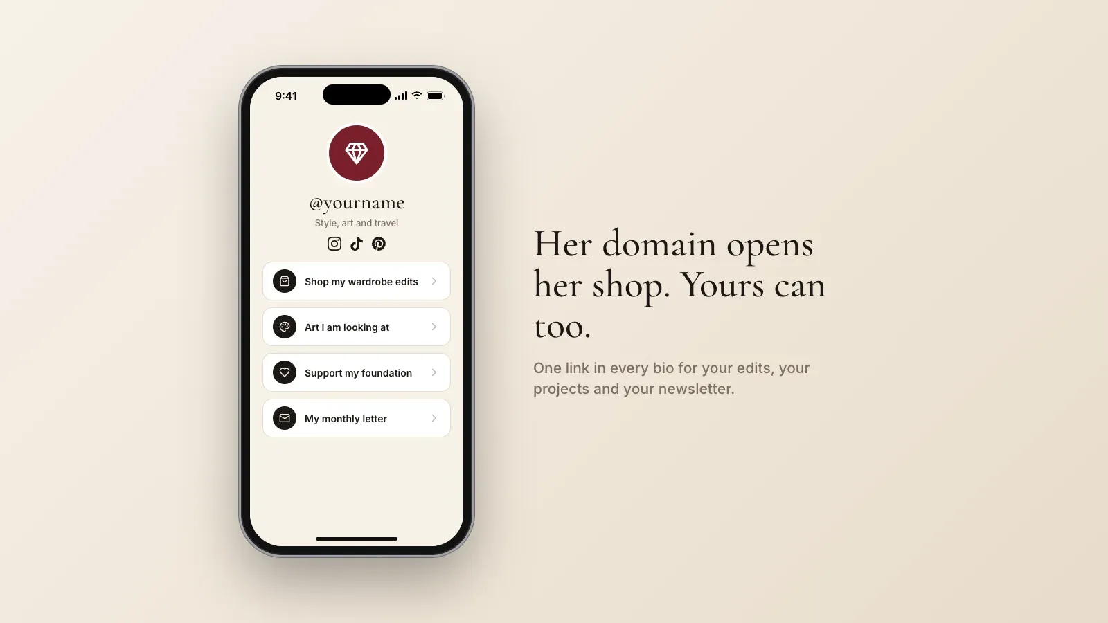 Phone showing a style creator link-in-bio page with wardrobe edits, art picks, a foundation link and a monthly newsletter