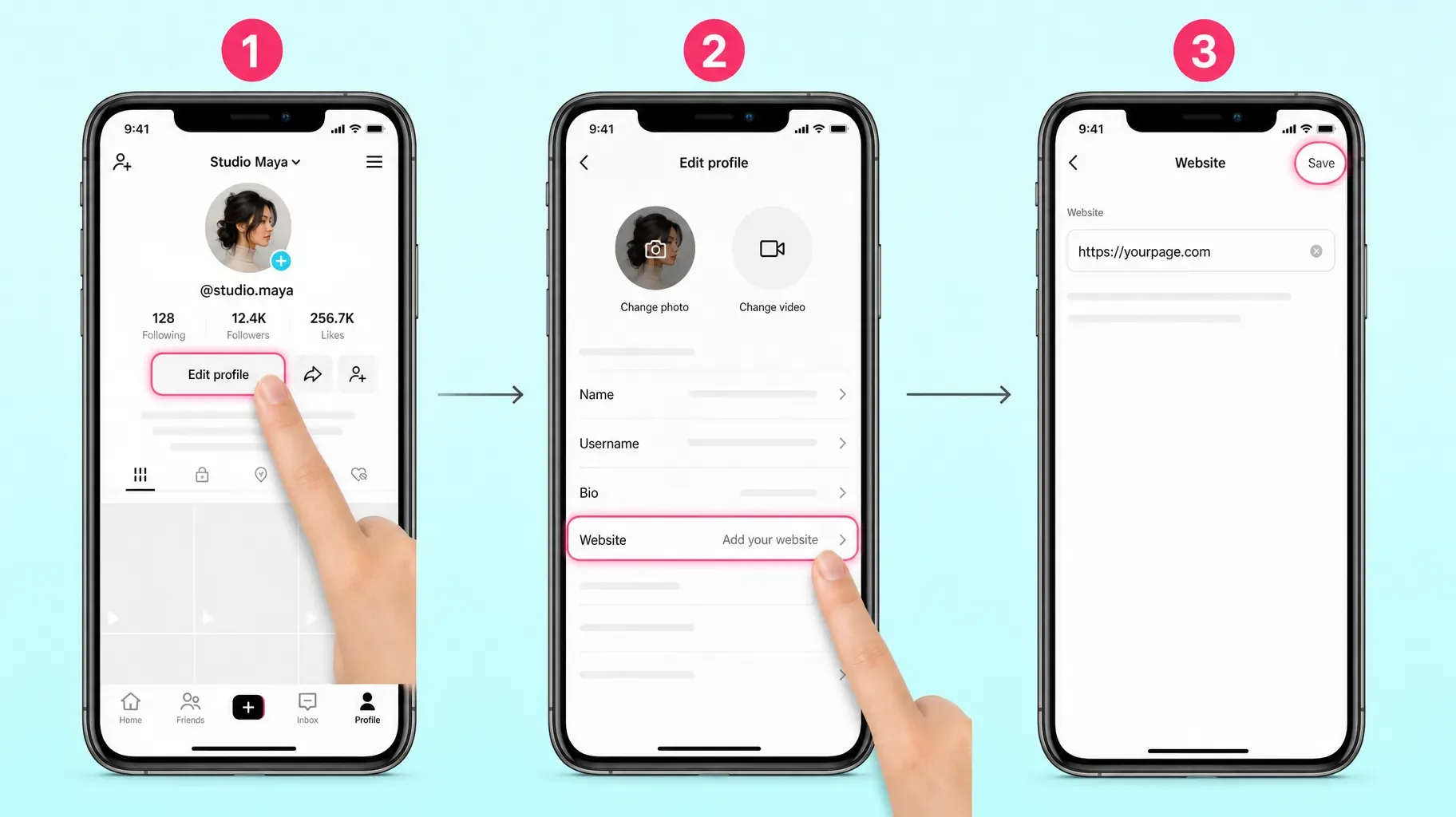 Three steps in the TikTok app to add a bio link, tap Edit profile, tap Website, paste the link and tap Save