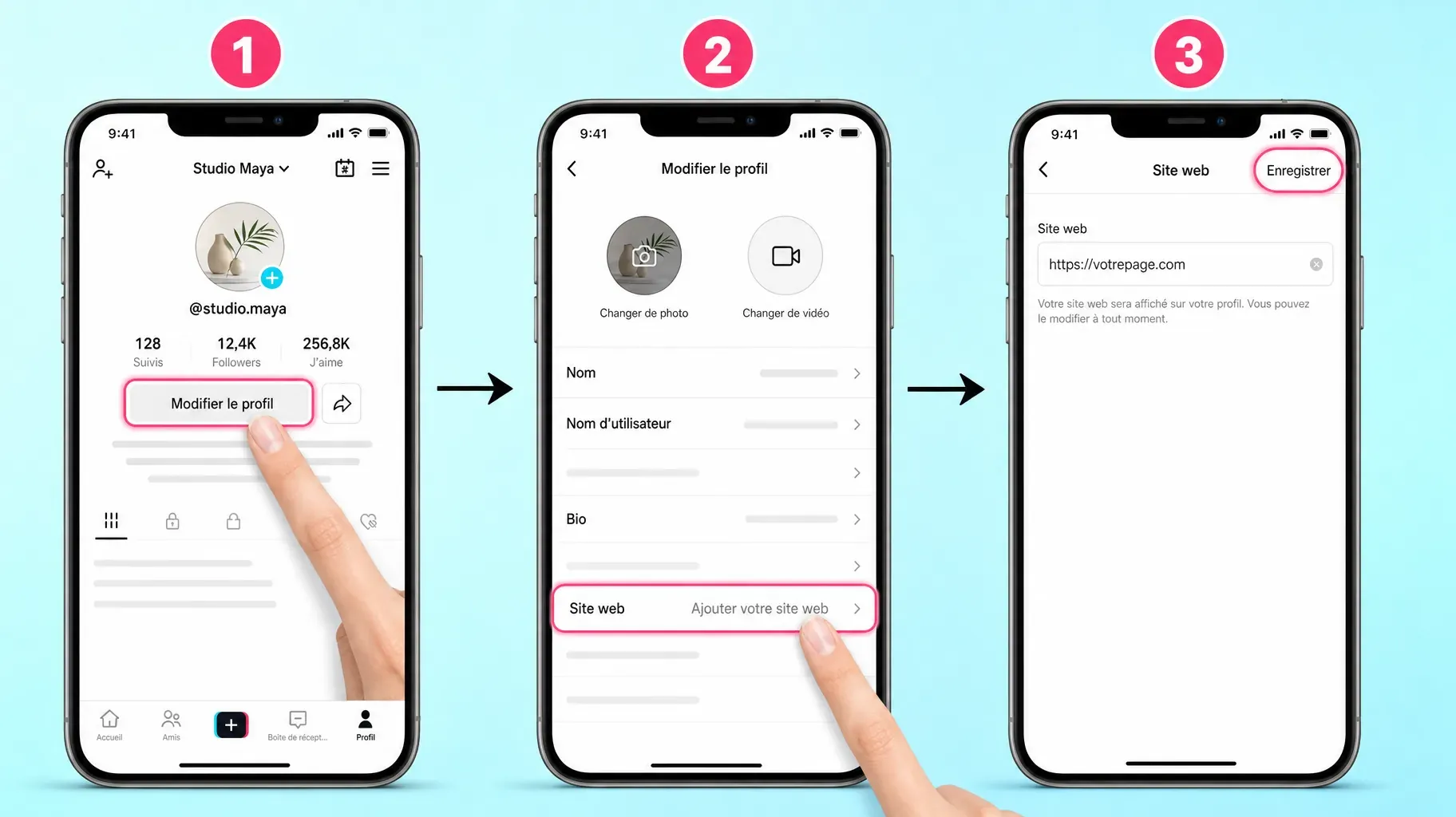 Trois étapes dans l'application TikTok pour ajouter un lien en bio, toucher Modifier le profil, toucher Site web, coller le lien et toucher Enregistrer