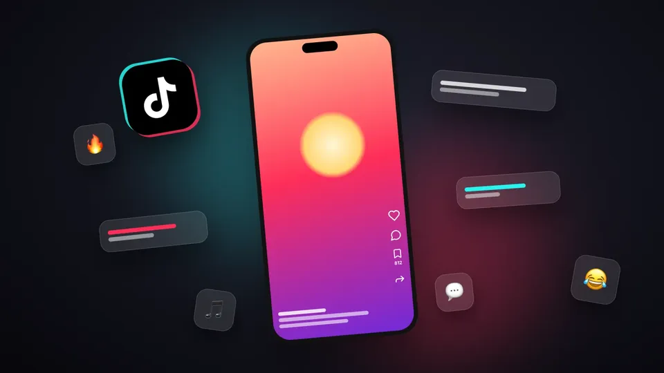 Phone showing a TikTok-style video next to a glossy TikTok logo, floating caption bubbles in cyan and pink and fire, music, chat and laughing emoji chips on a dark background