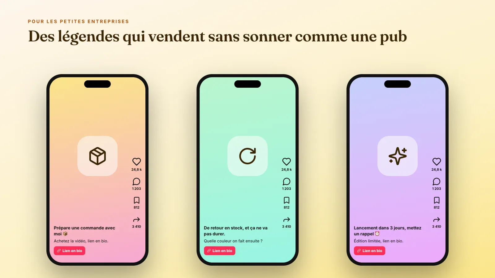 Trois vidéos TikTok pour une petite entreprise, préparation de commande, réassort et lancement, avec des légendes qui vendent et un bouton lien en bio