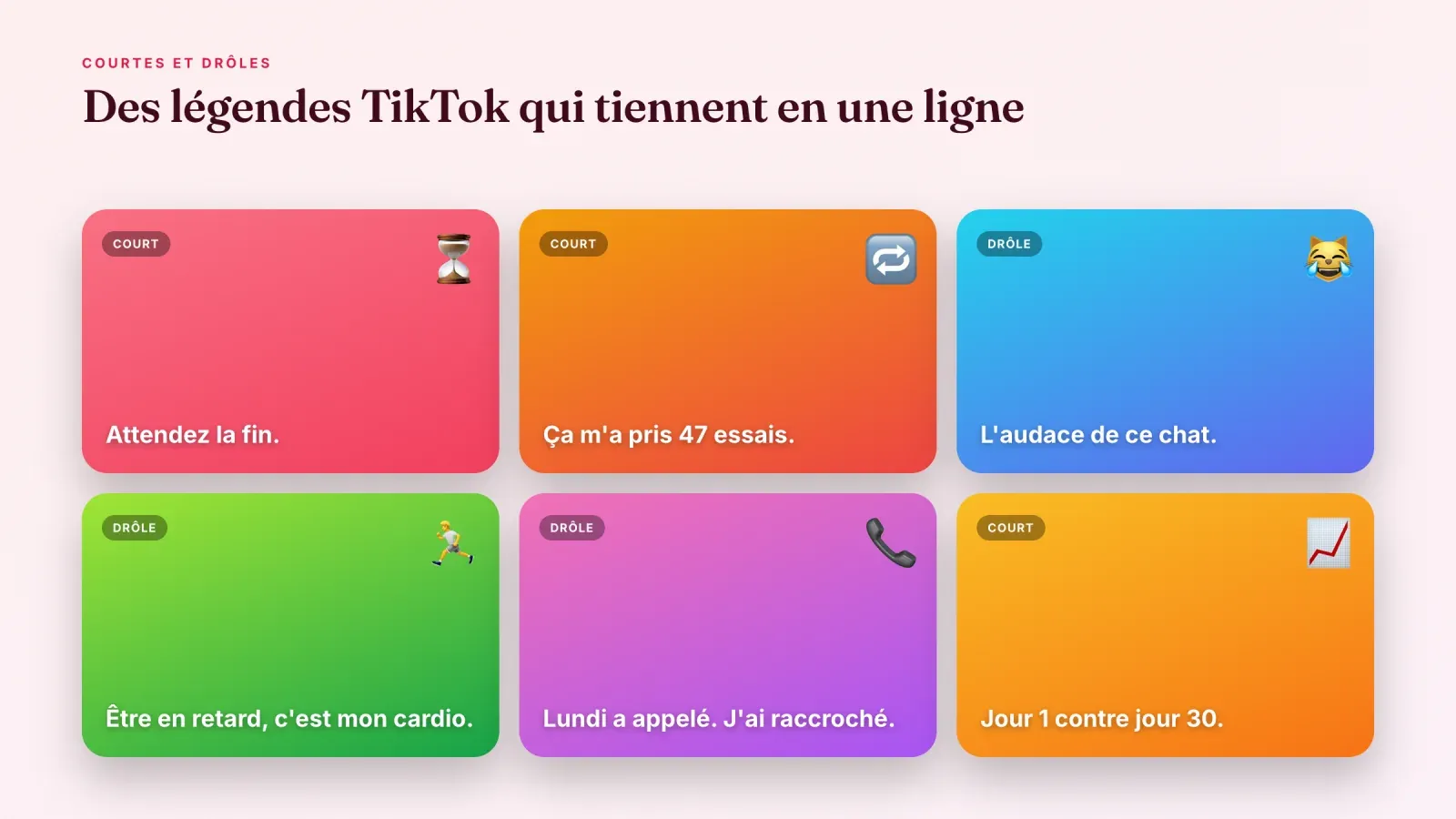 Six cartes colorées avec des légendes TikTok courtes et drôles, chacune avec un emoji