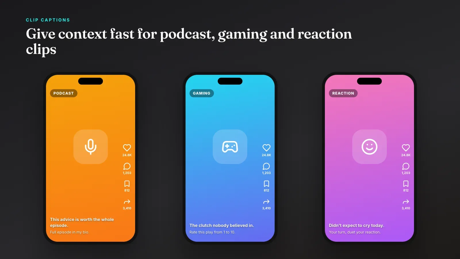 Three TikTok clips for a podcast, a gaming moment and a reaction, each with a caption that gives context