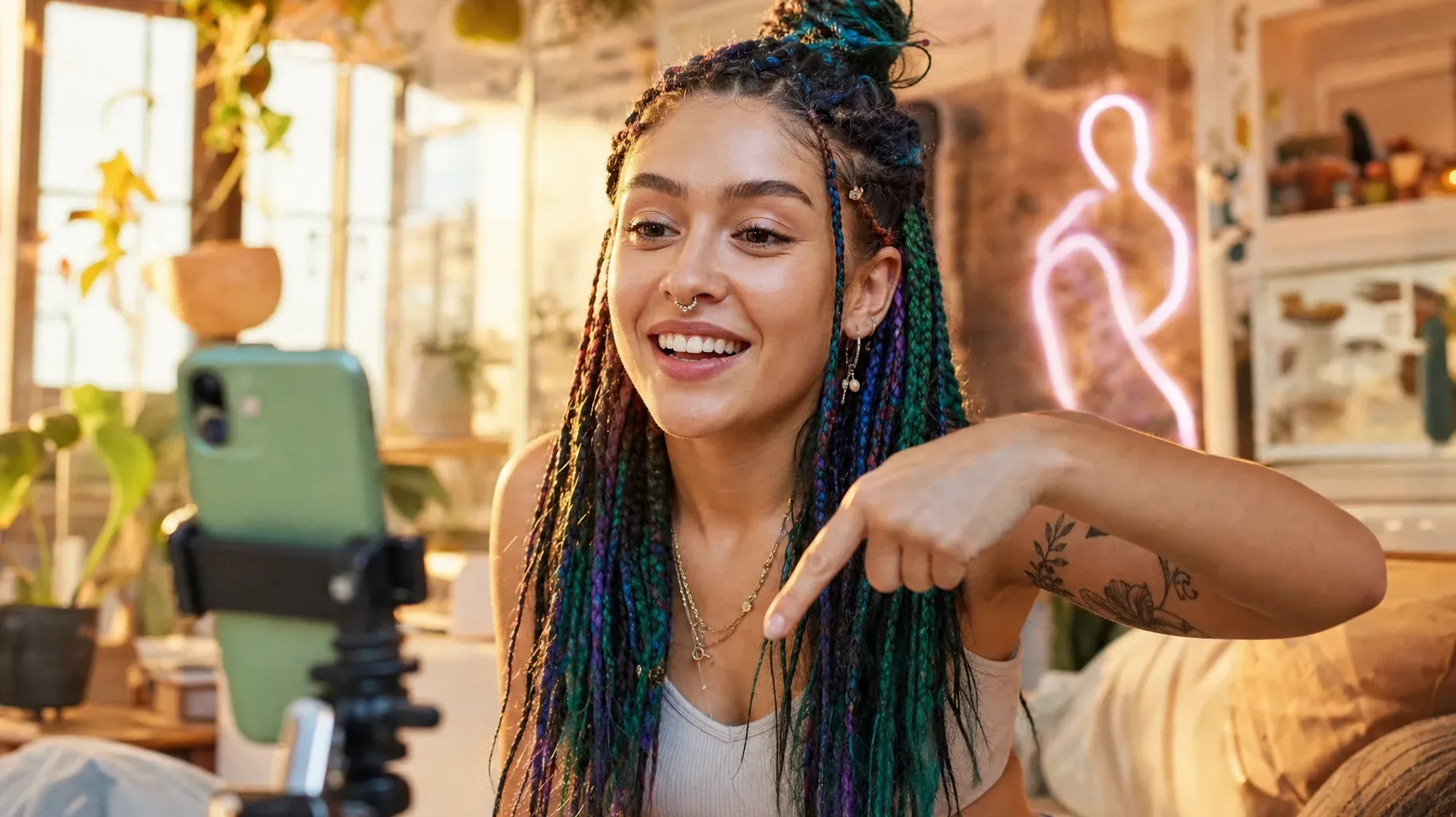 Smiling creator with colorful braids filming a vertical video and pointing down to tell viewers the link is in her bio