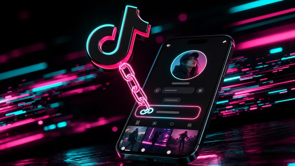 Neon 3D TikTok logo linked by a glowing chain to the bio link row of a creator profile on a phone