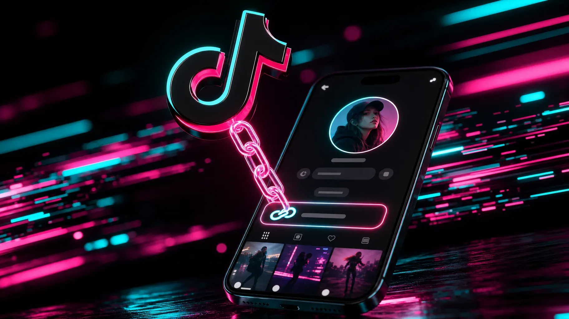 Neon 3D TikTok logo linked by a glowing chain to the bio link row of a creator profile on a phone