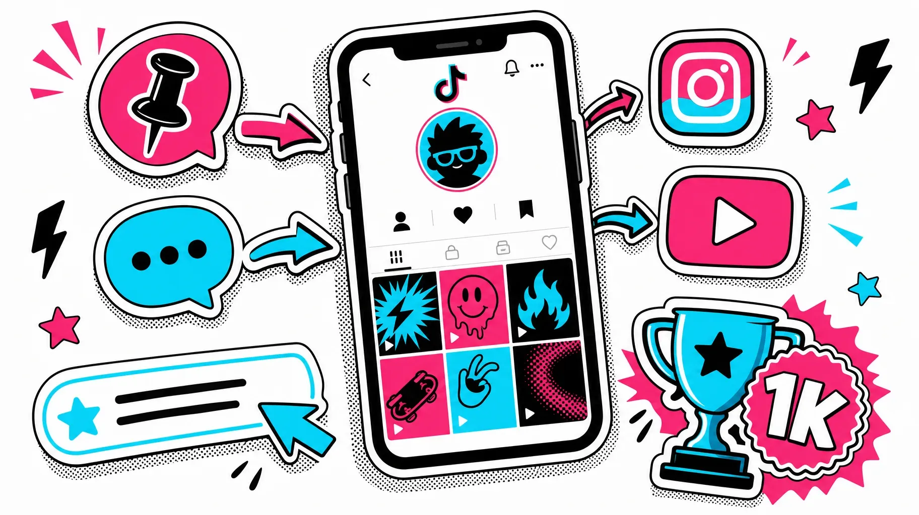 Sticker illustration of workarounds without a TikTok bio link, pinned comments, messages, Instagram and YouTube icons, bio text and a 1K followers trophy