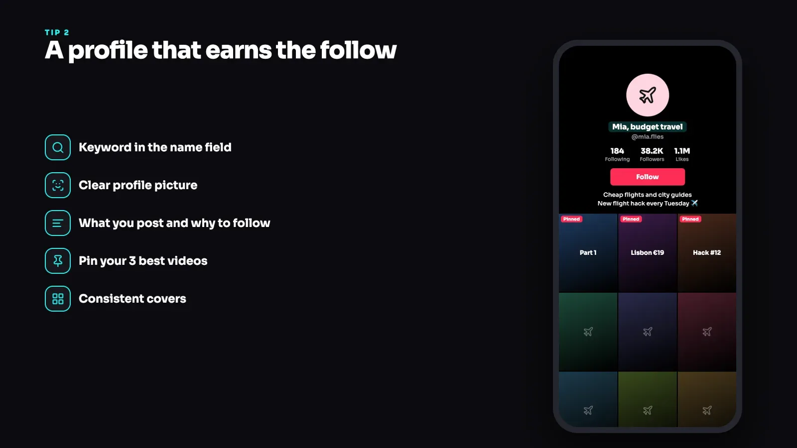 TikTok profile of a budget travel creator with a keyword in the name, a clear bio, a red Follow button and three pinned videos, next to five profile tips