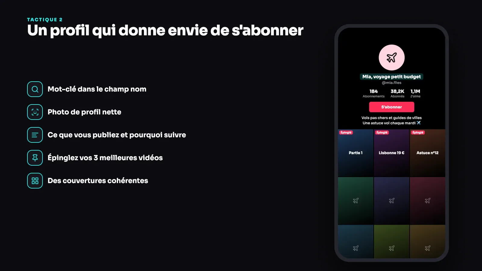 Profil TikTok d'une créatrice voyage petit budget avec un mot-clé dans le nom, une bio claire, un bouton S'abonner et trois vidéos épinglées, à côté de cinq conseils