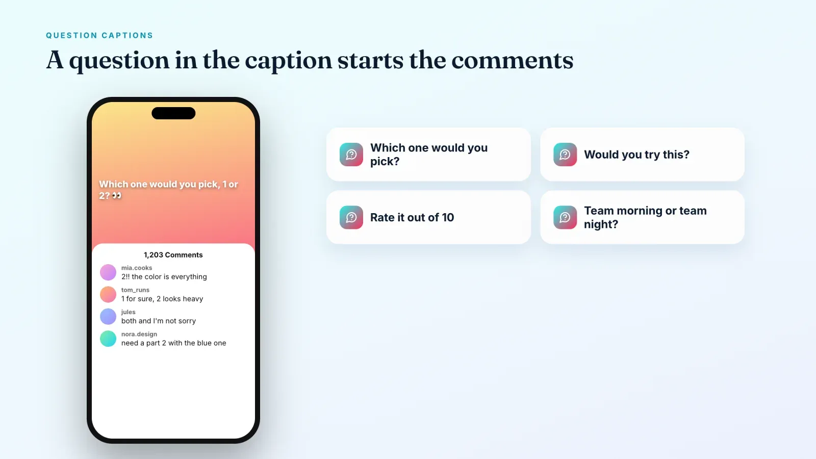 TikTok video with a question caption and an open comments panel full of answers, next to four question caption ideas
