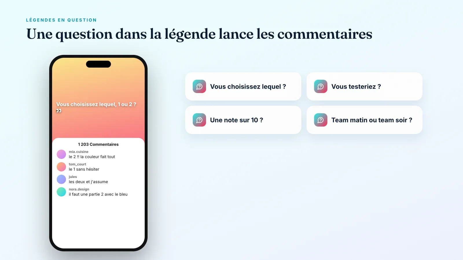 Vidéo TikTok avec une légende en question et le panneau de commentaires rempli de réponses, à côté de quatre idées de questions