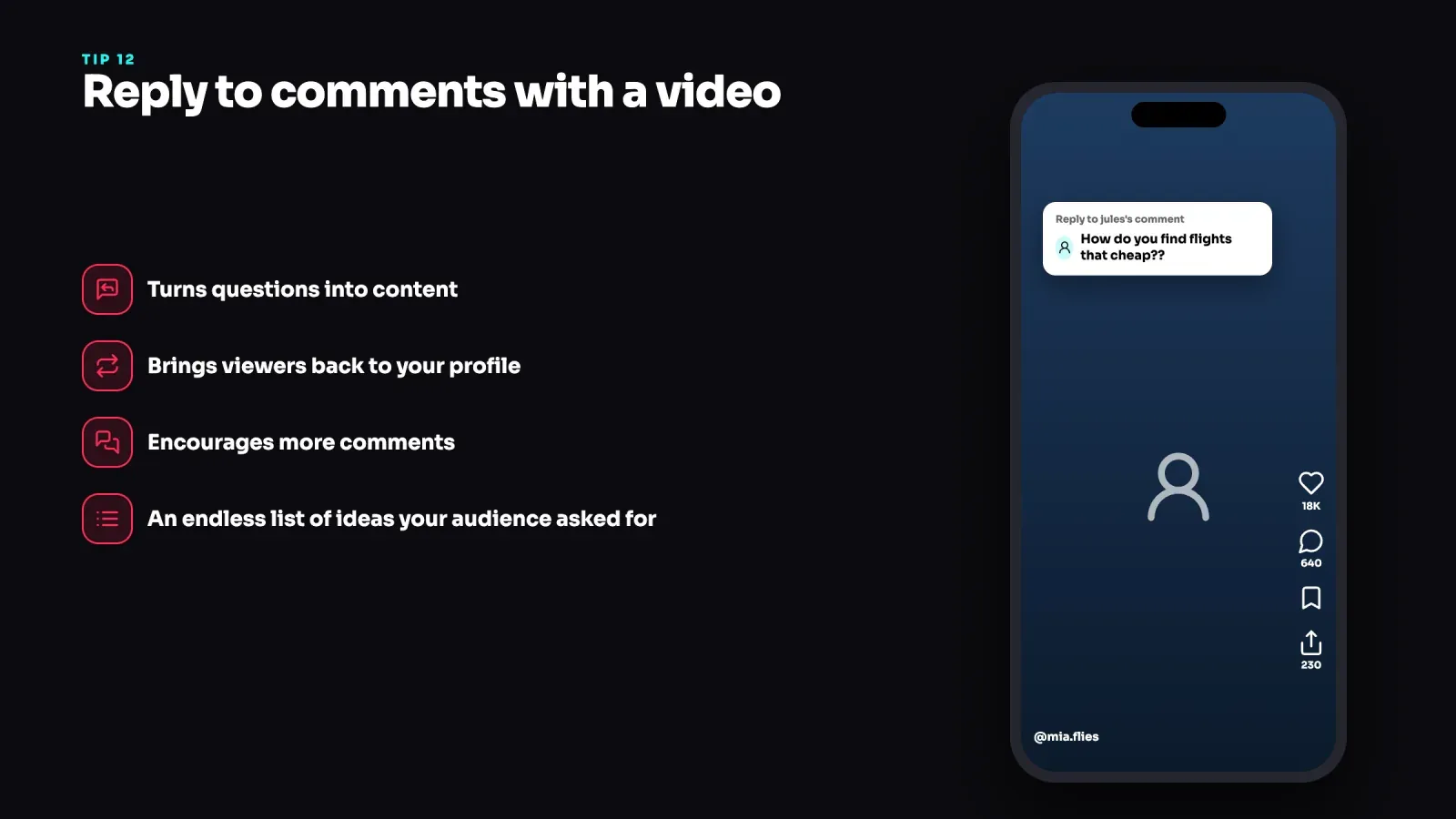 TikTok video replying to a viewer comment shown as a sticker, next to four benefits of replying to comments with video
