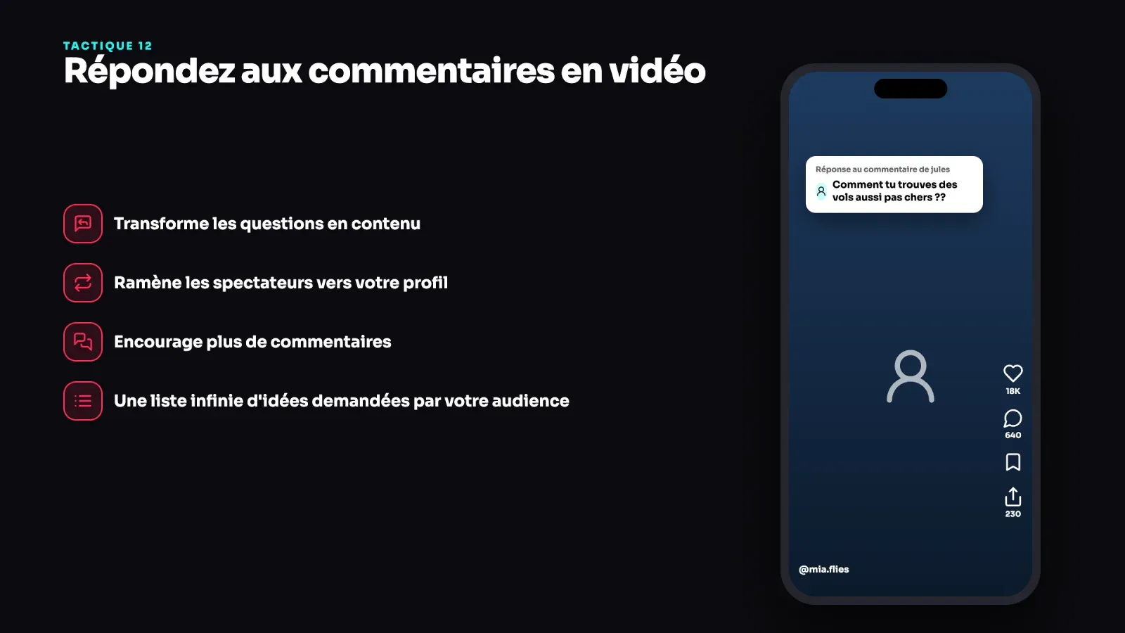 Vidéo TikTok qui répond au commentaire d'un spectateur affiché en sticker, à côté de quatre avantages des réponses en vidéo