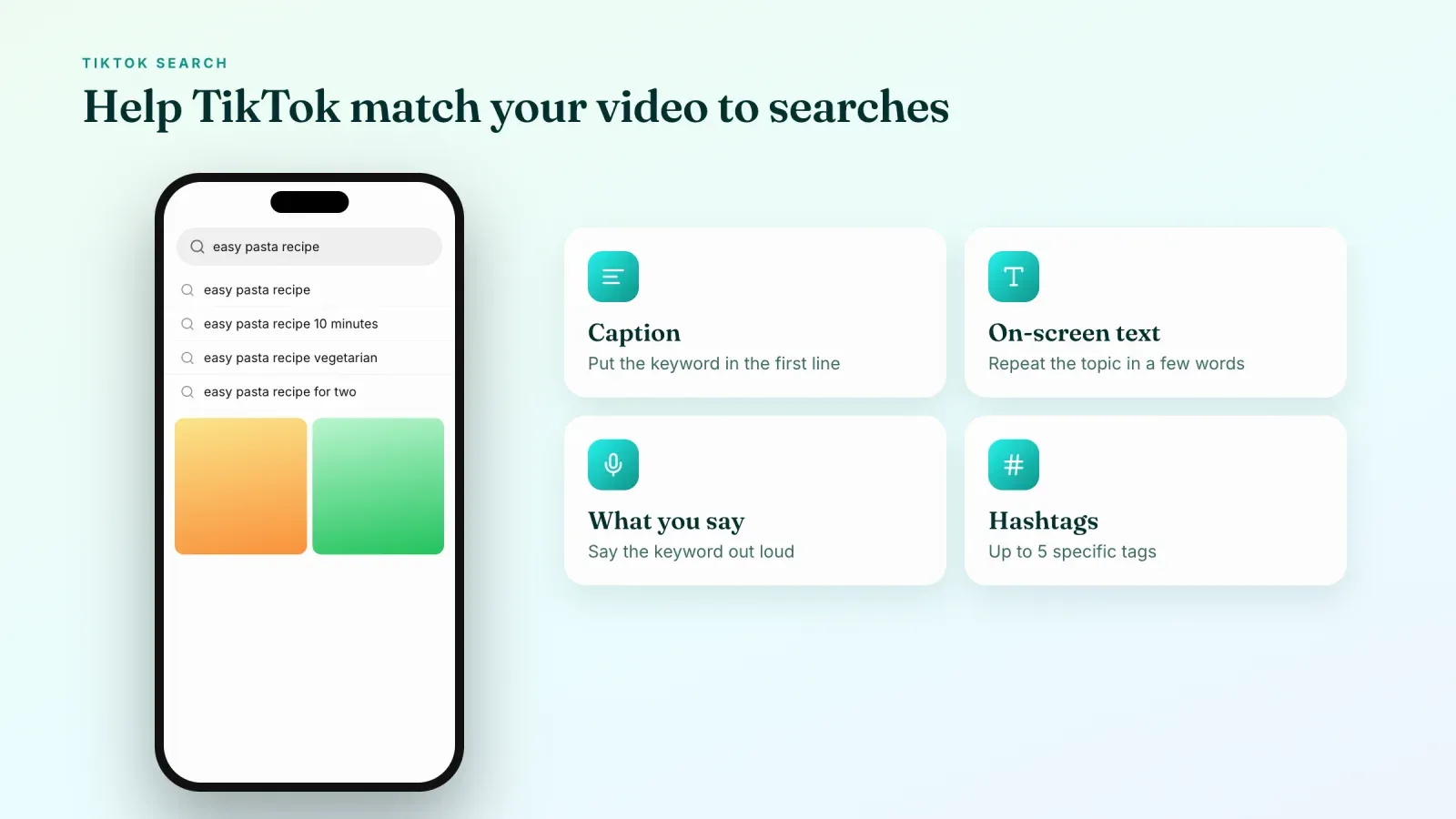 TikTok search screen with keyword suggestions next to four ways to help search, the caption, on-screen text, what you say and hashtags