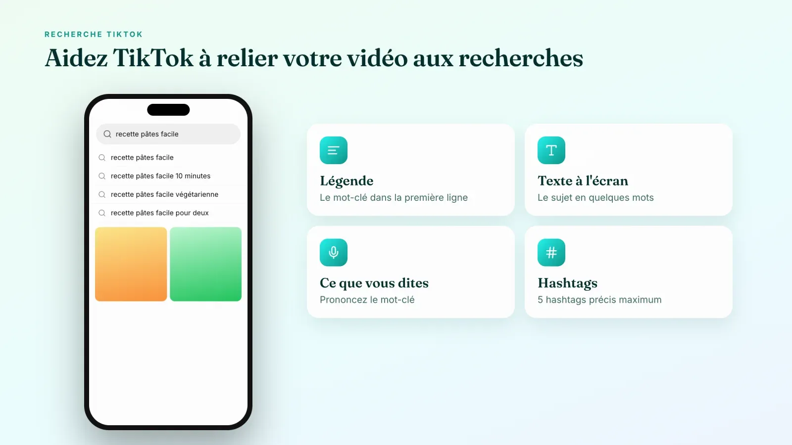 Écran de recherche TikTok avec suggestions de mots-clés à côté de quatre façons d'aider la recherche, la légende, le texte à l'écran, ce que vous dites et les hashtags