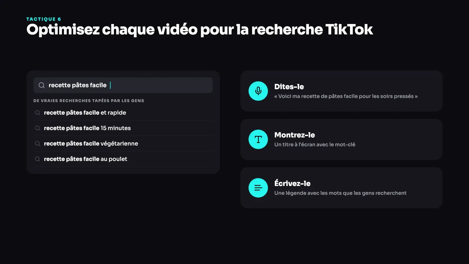 Barre de recherche TikTok avec des suggestions pour recette pâtes facile, à côté de trois façons d'utiliser un mot-clé, le dire, l'afficher à l'écran et l'écrire dans la légende
