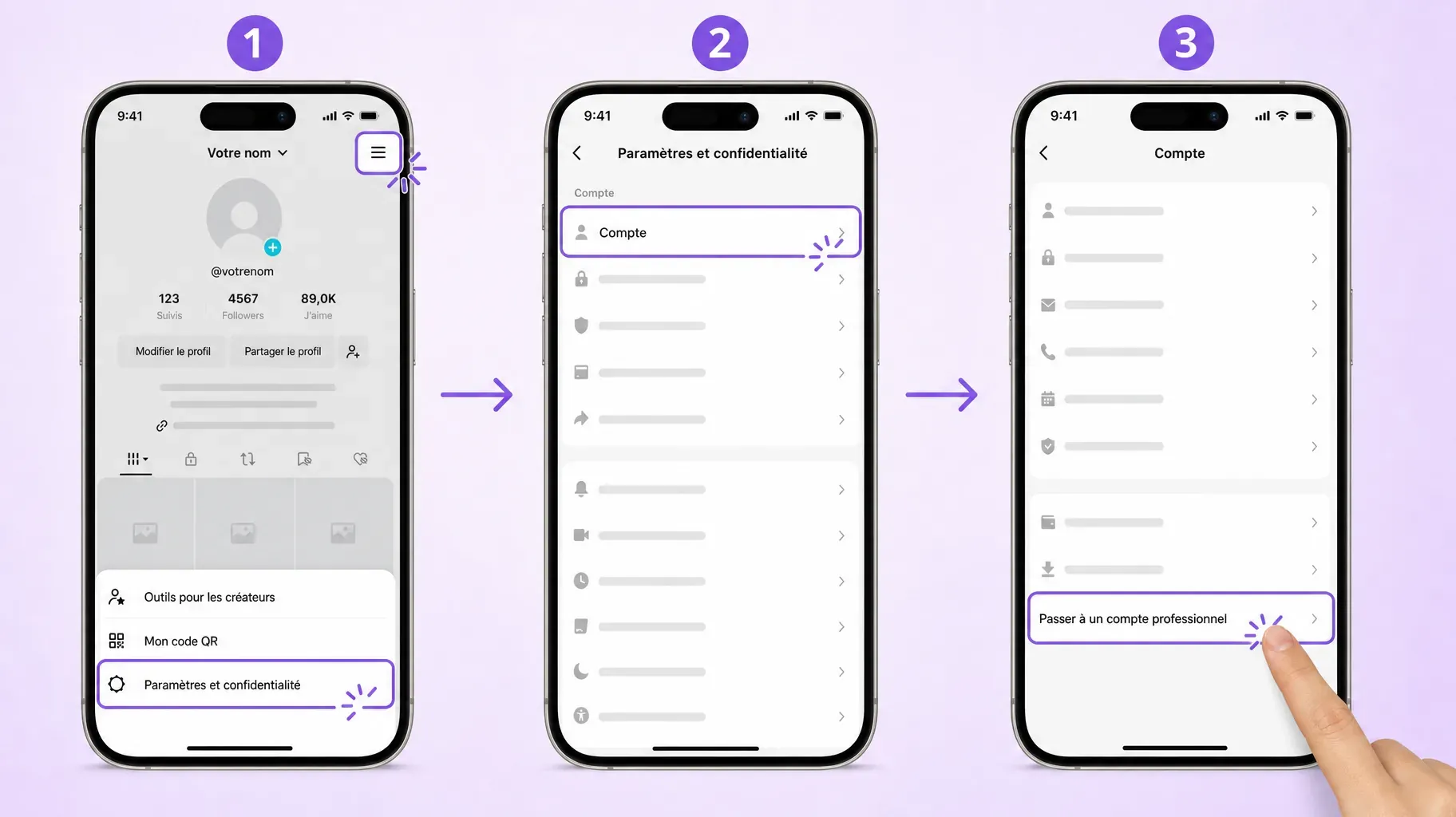 Trois étapes dans TikTok pour passer à un compte professionnel, ouvrir Paramètres et confidentialité, toucher Compte, puis Passer à un compte professionnel