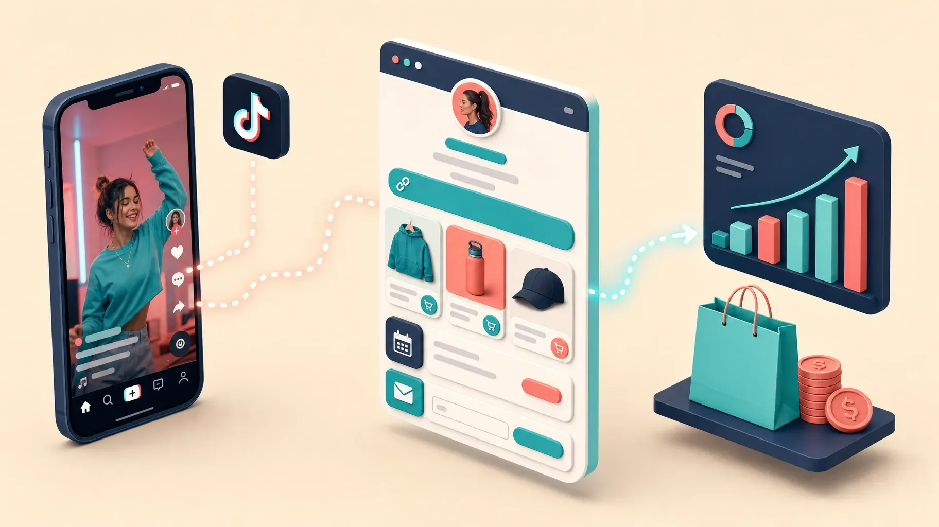 Isometric flow from a TikTok video to a link-in-bio page with products, booking and email signup, then to a sales chart and shopping bag