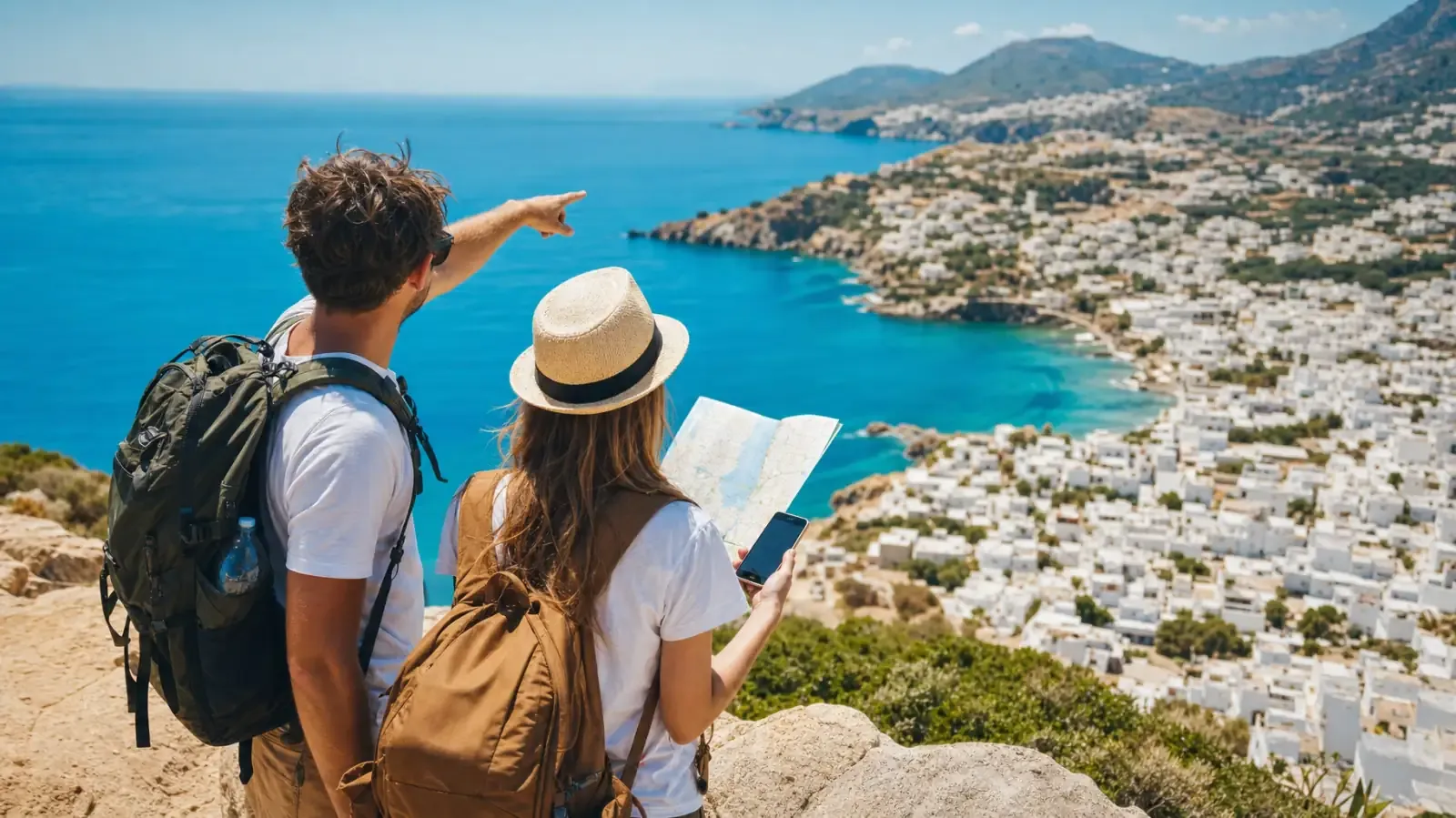 Backpacking couple on a cliff viewpoint above a turquoise sea and a white coastal village, pointing at the horizon
