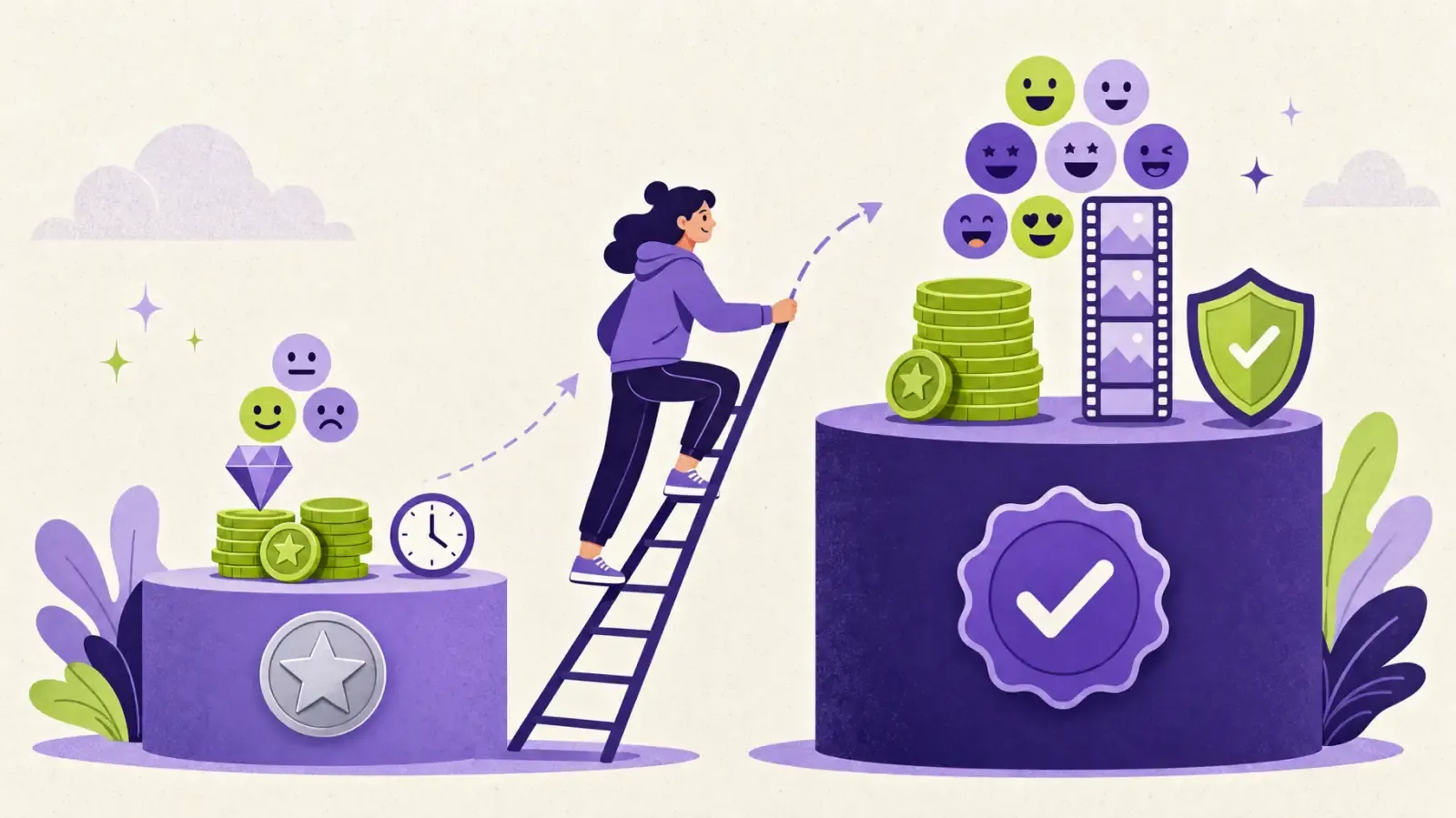 Flat illustration of a streamer climbing a ladder from a small Affiliate podium with a star badge to a taller Partner podium with a verified badge and more perks