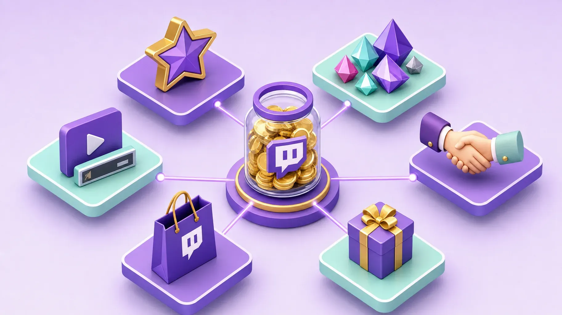 Isometric Twitch income streams around a coin jar, subscriptions, Bits, ads, sponsorships, merch and gifts