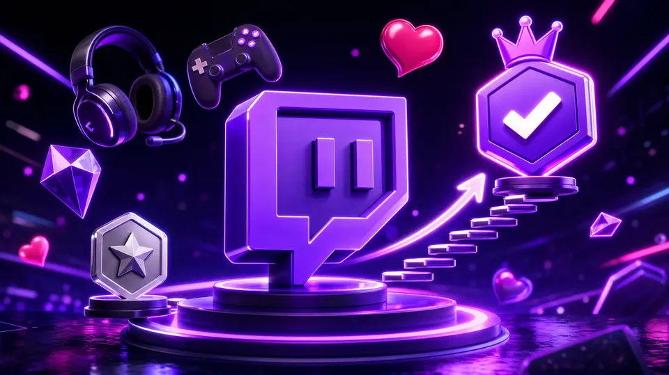 Neon 3D Twitch logo between a silver star badge and a crowned purple verified badge, linked by glowing steps