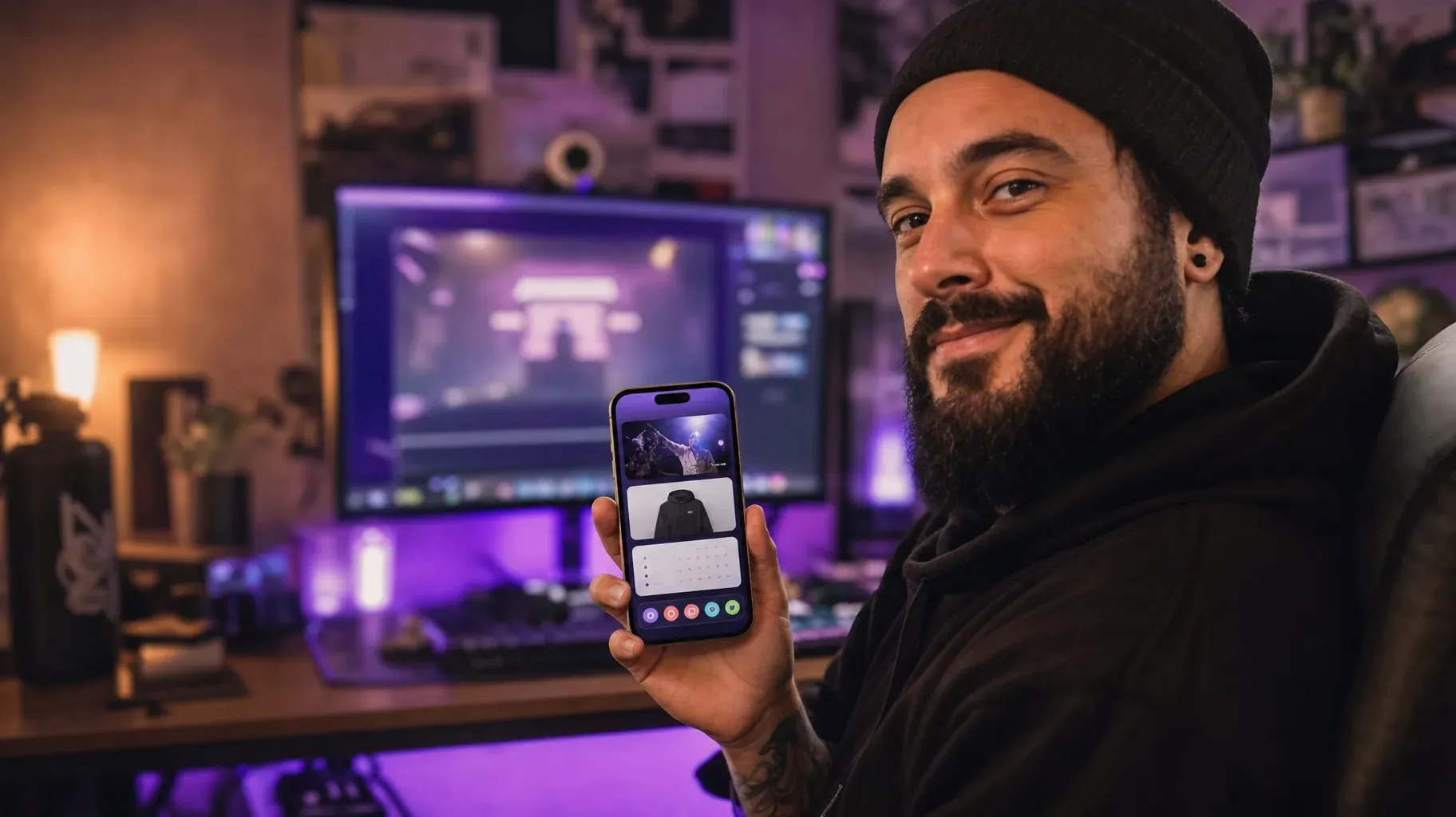 Bearded streamer after a stream holding a phone with a link-in-bio page showing a live stream, merch and a schedule