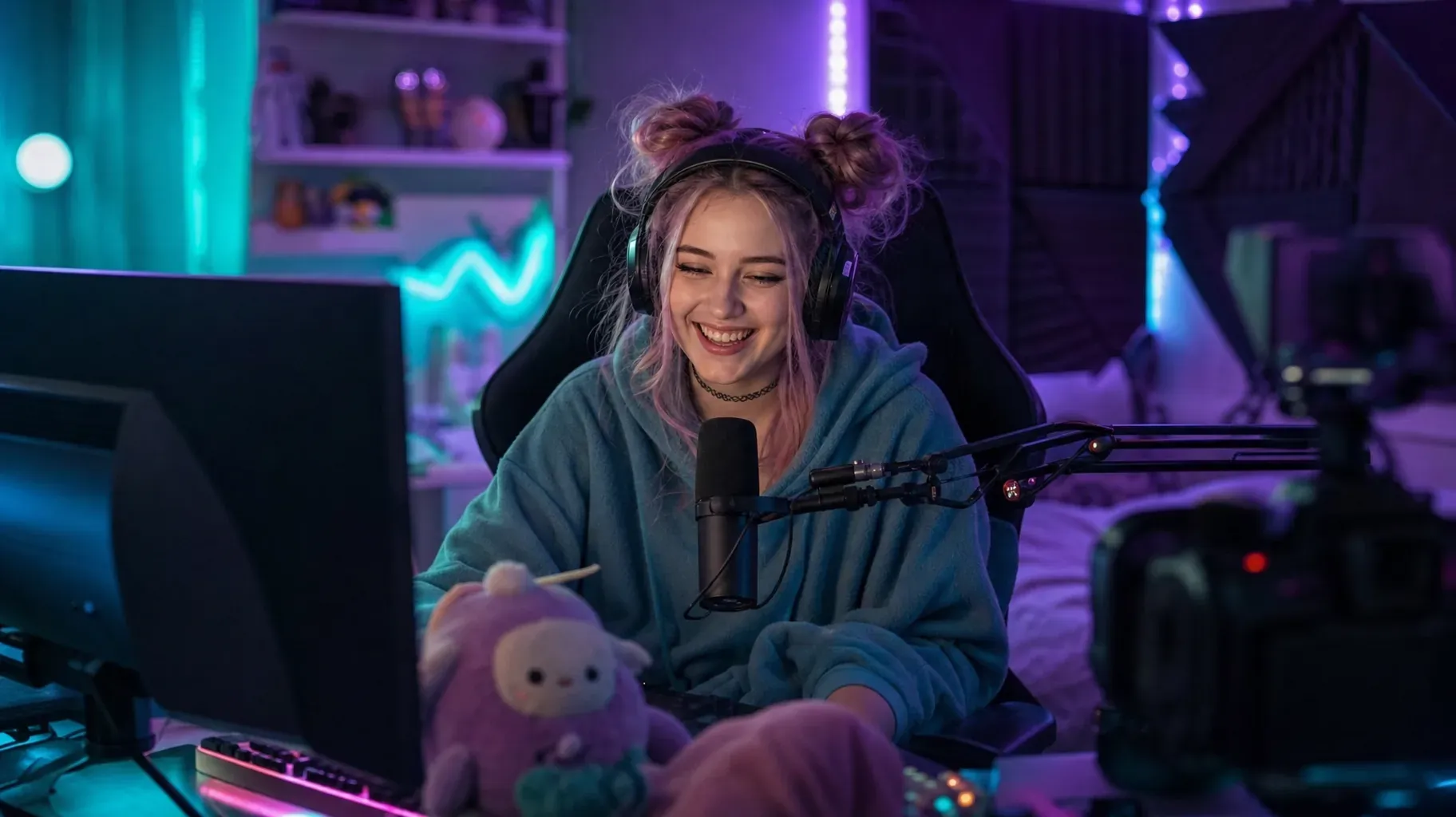 Smiling streamer with a headset and microphone laughing while reading her Twitch chat in a neon-lit room
