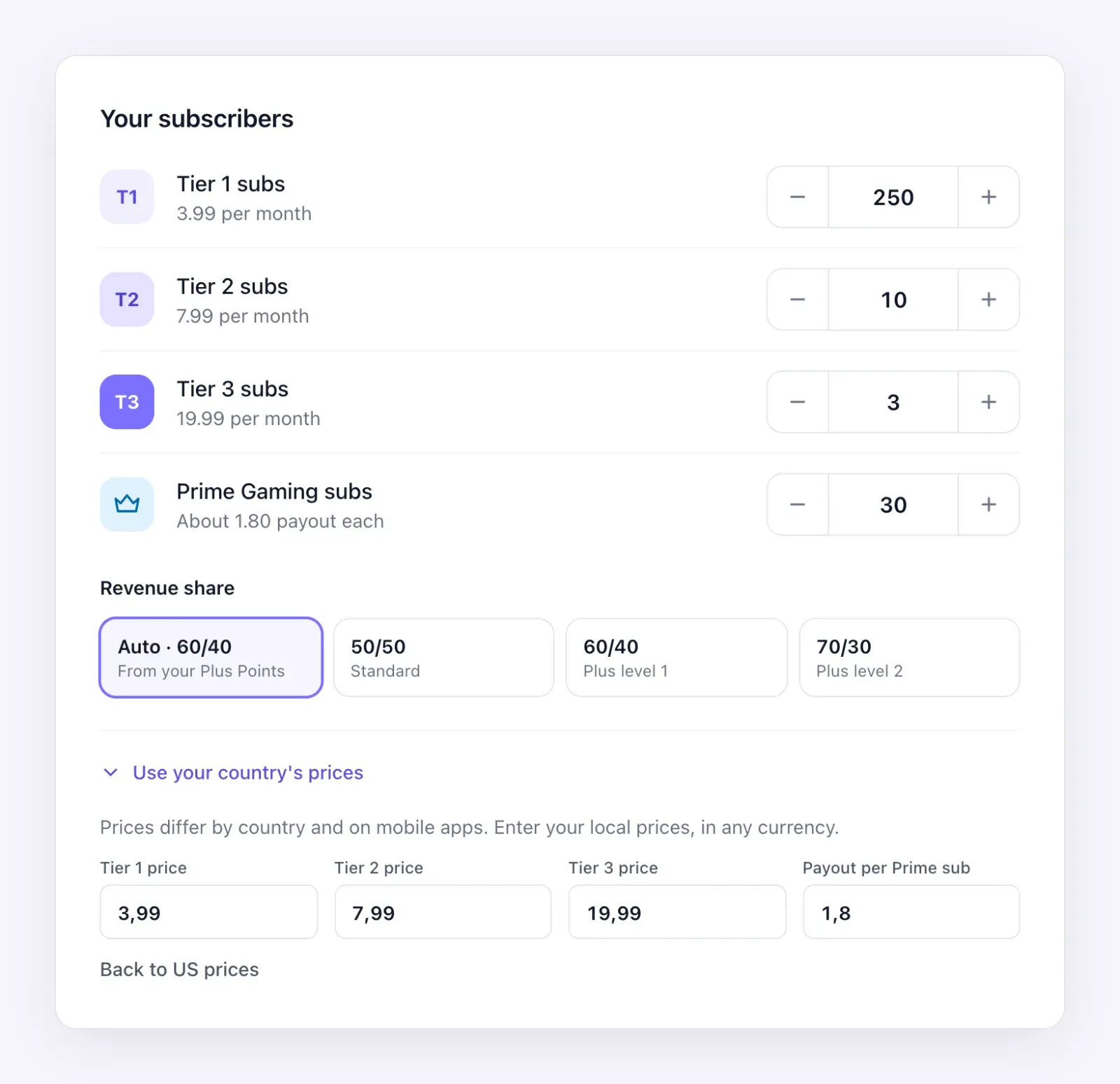 Twitch sub calculator with local prices for Tier 1, Tier 2, Tier 3 and the Prime payout opened