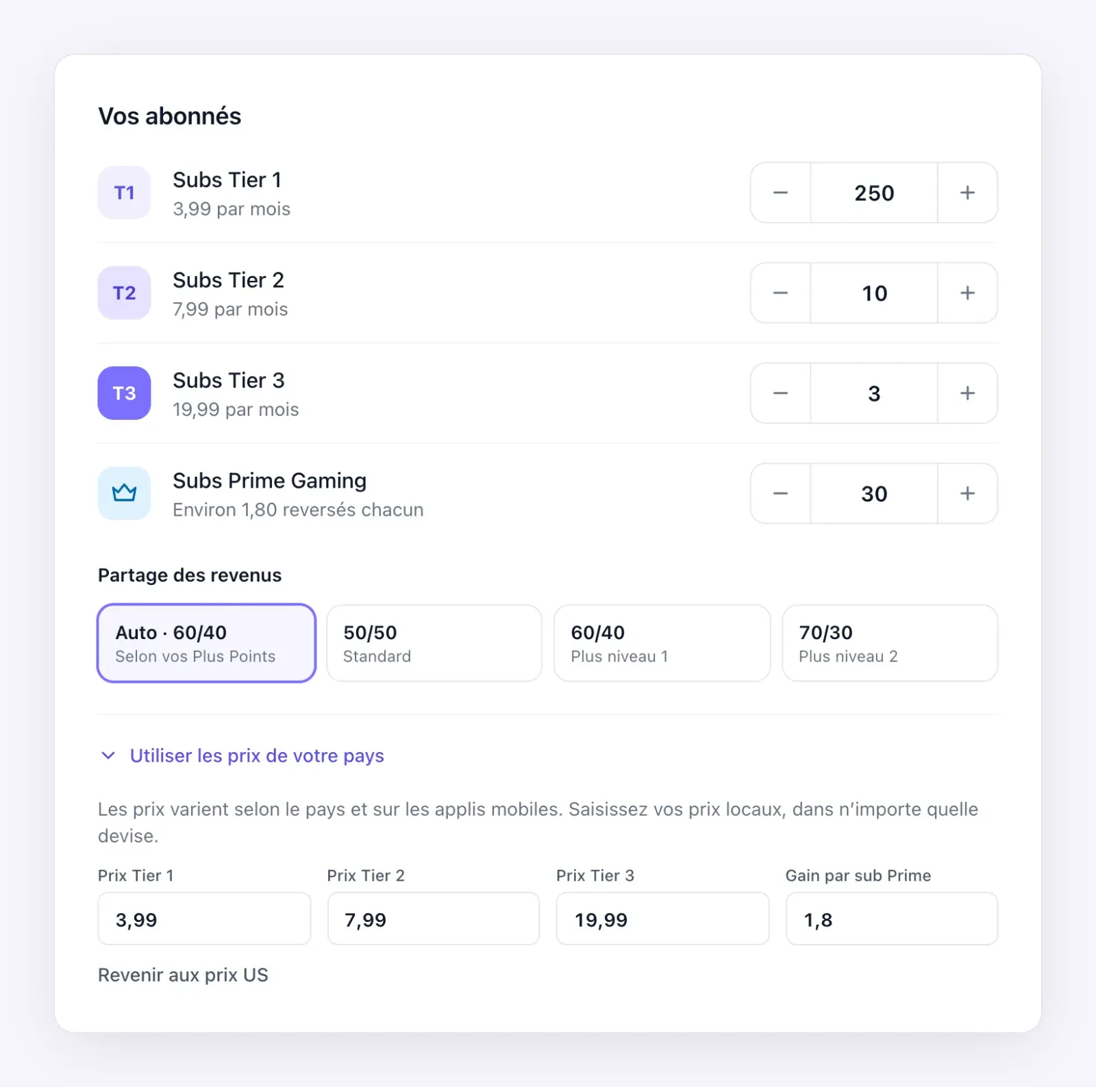 Calculateur de subs Twitch avec les prix locaux Tier 1, Tier 2, Tier 3 et le gain Prime ouverts