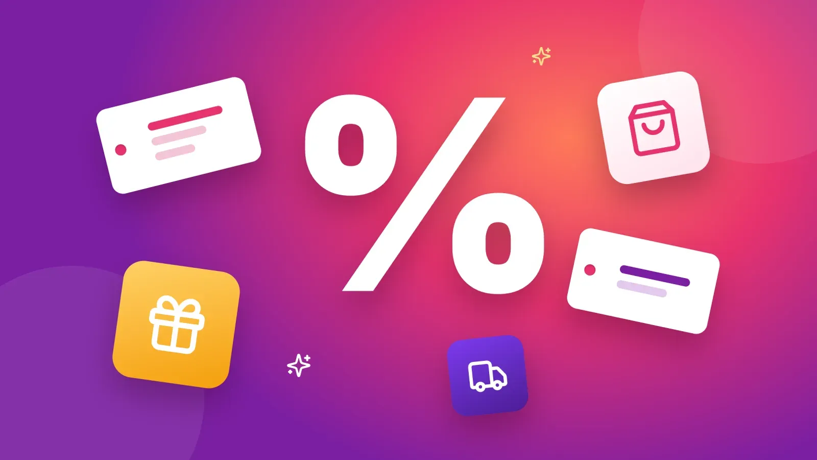 Big white percent sign on a pink and purple gradient surrounded by price tags, a gift box, a shopping bag and a delivery truck