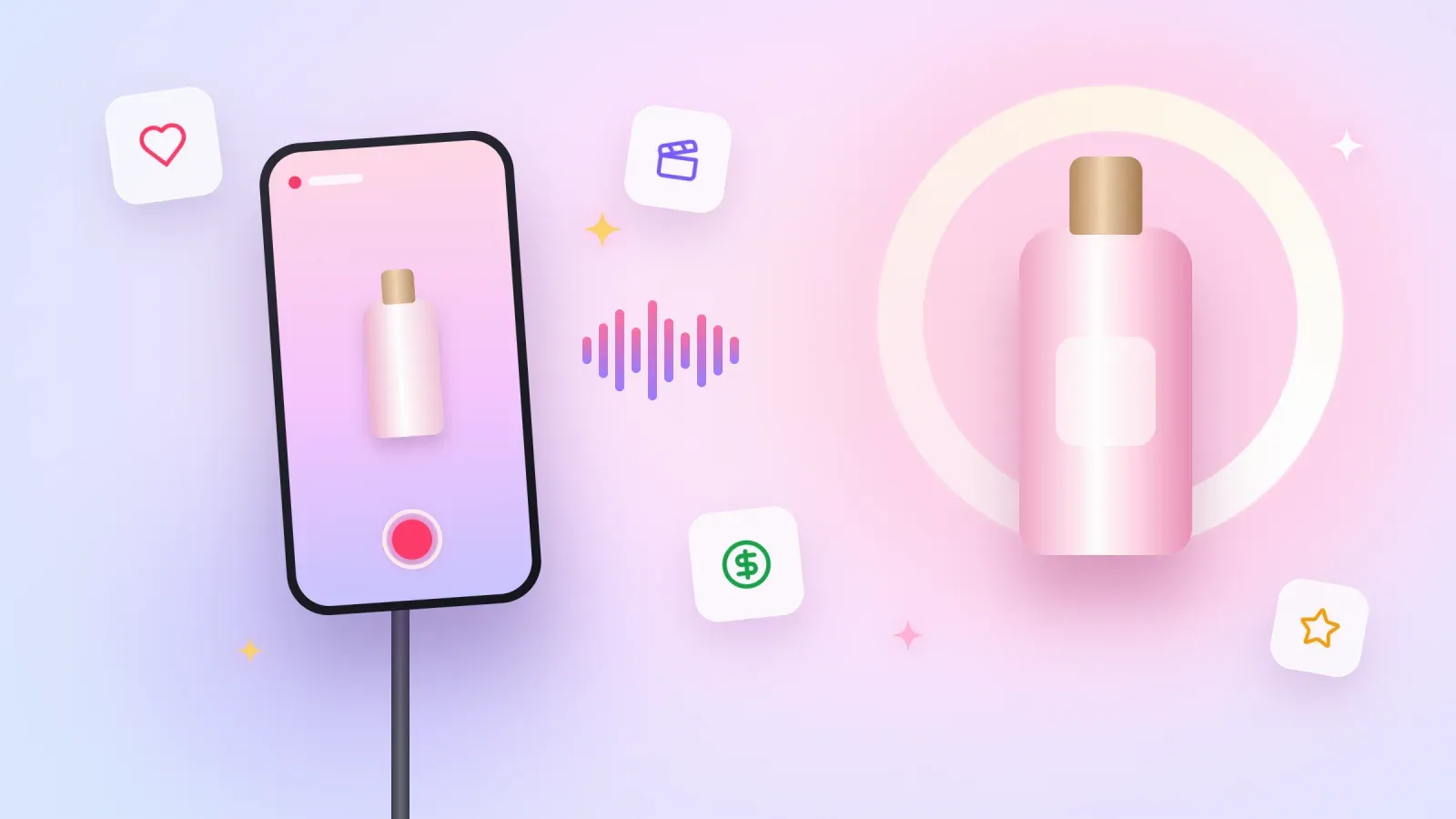 Phone on a tripod filming a pink skincare bottle in front of a glowing ring light, with a sound wave and floating heart, clapperboard, dollar and star icons on a pastel background