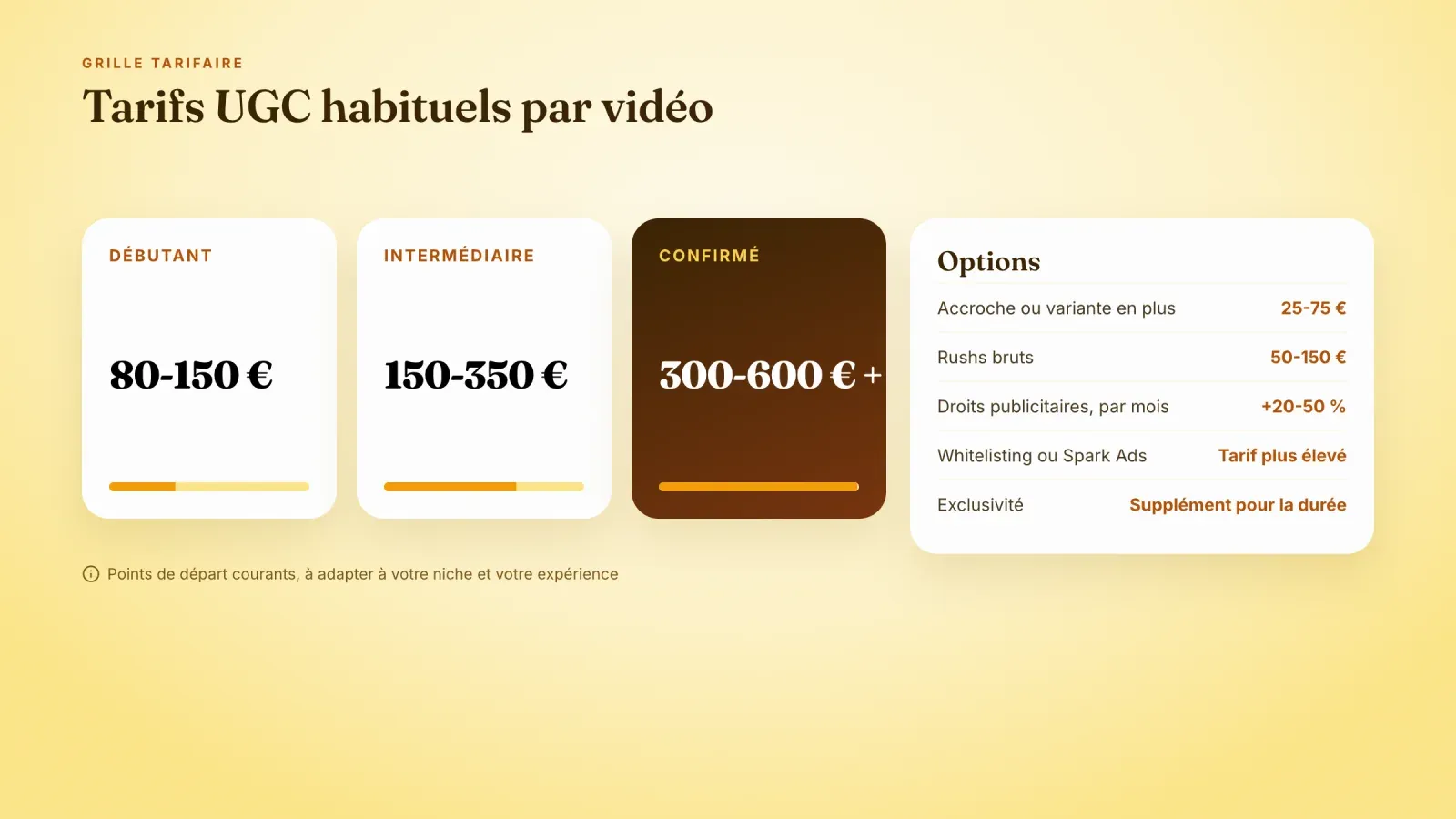 Grille tarifaire UGC avec prix débutant, intermédiaire et confirmé par vidéo et options pour accroches, rushs, droits publicitaires, whitelisting et exclusivité