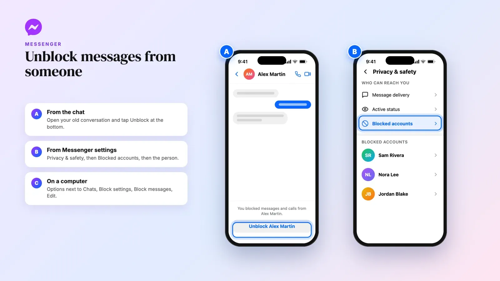 Two Messenger screens to unblock messages, the Unblock button at the bottom of an old chat and Blocked accounts in Privacy & safety, with three ways to do it