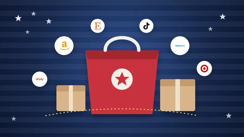 Red shopping bag with a star between two parcels on a stars and stripes background, surrounded by the Amazon, Walmart, eBay, Target, Etsy and TikTok logos