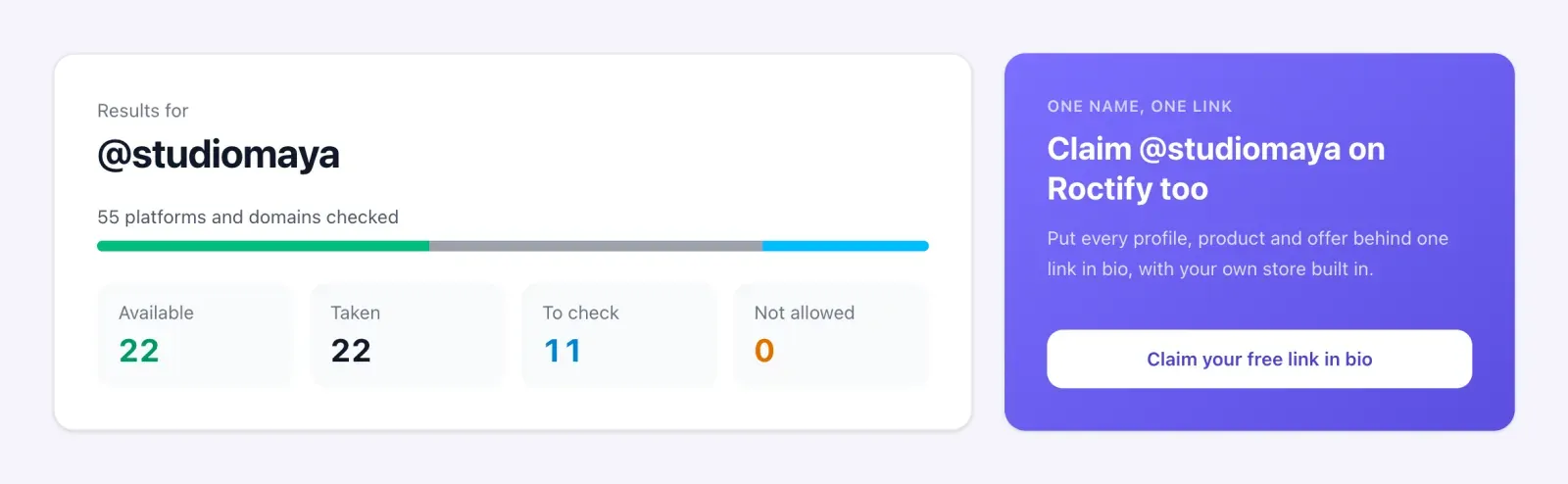 Username checker results for @studiomaya with counts of available, taken and to-check names next to a claim card