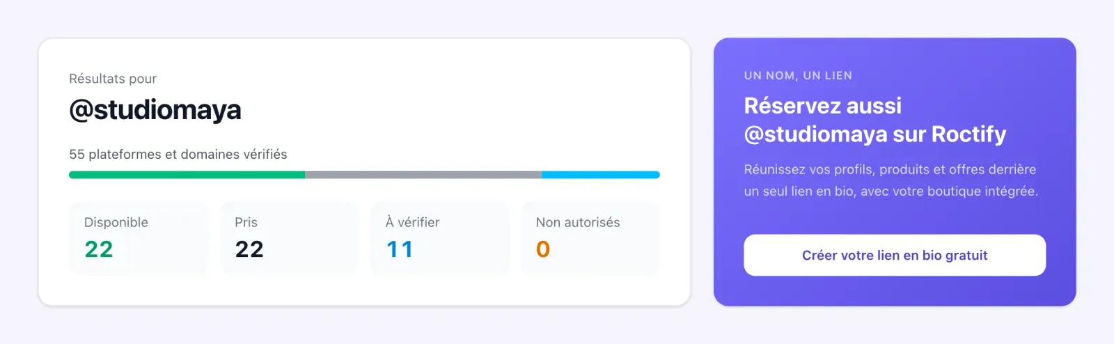 Résultats du vérificateur pour @studiomaya avec les noms disponibles, pris et à vérifier à côté d’une carte pour réserver le nom