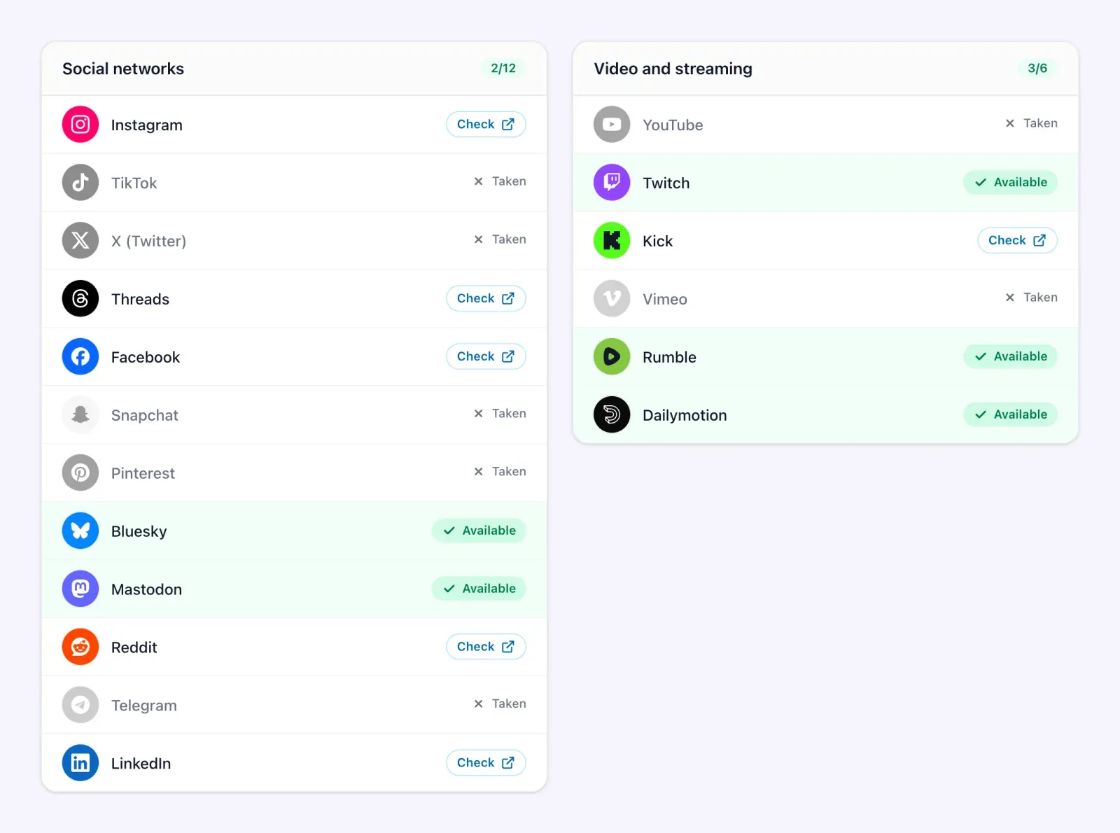 Social networks and video platform groups in the username checker with available and taken handles