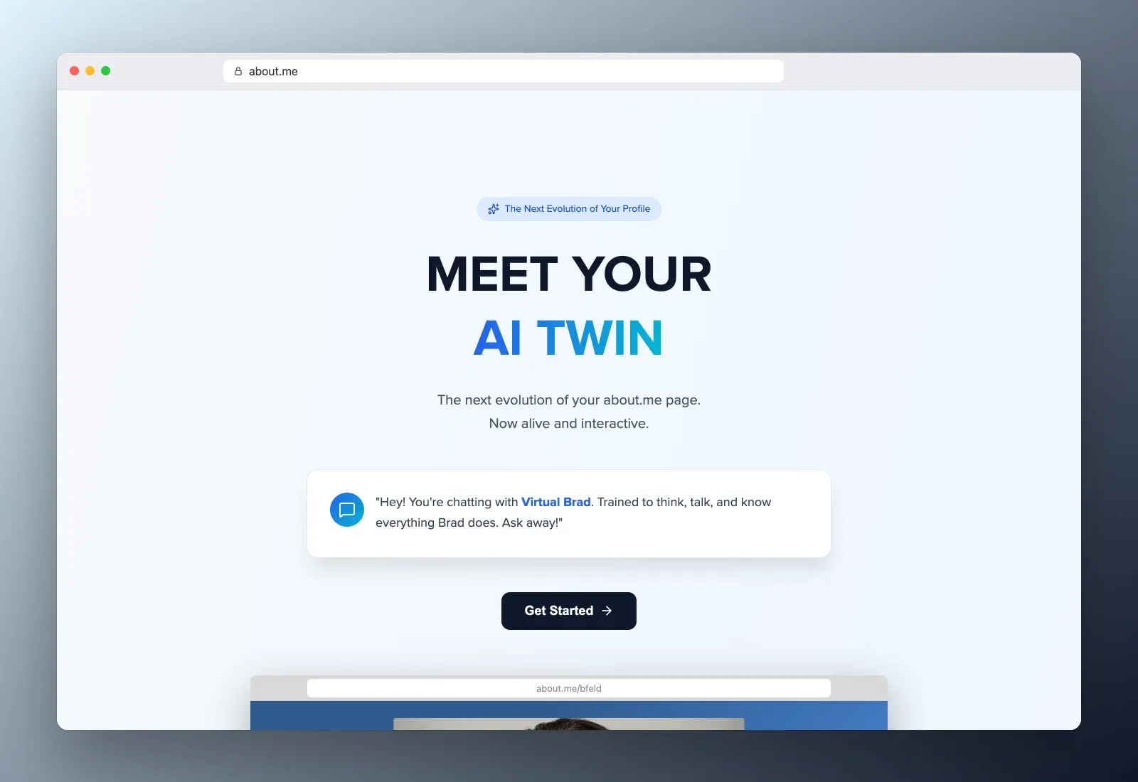 Real screenshot of the About.me homepage at about.me in a browser, with the "Meet your AI Twin" headline and a chat preview