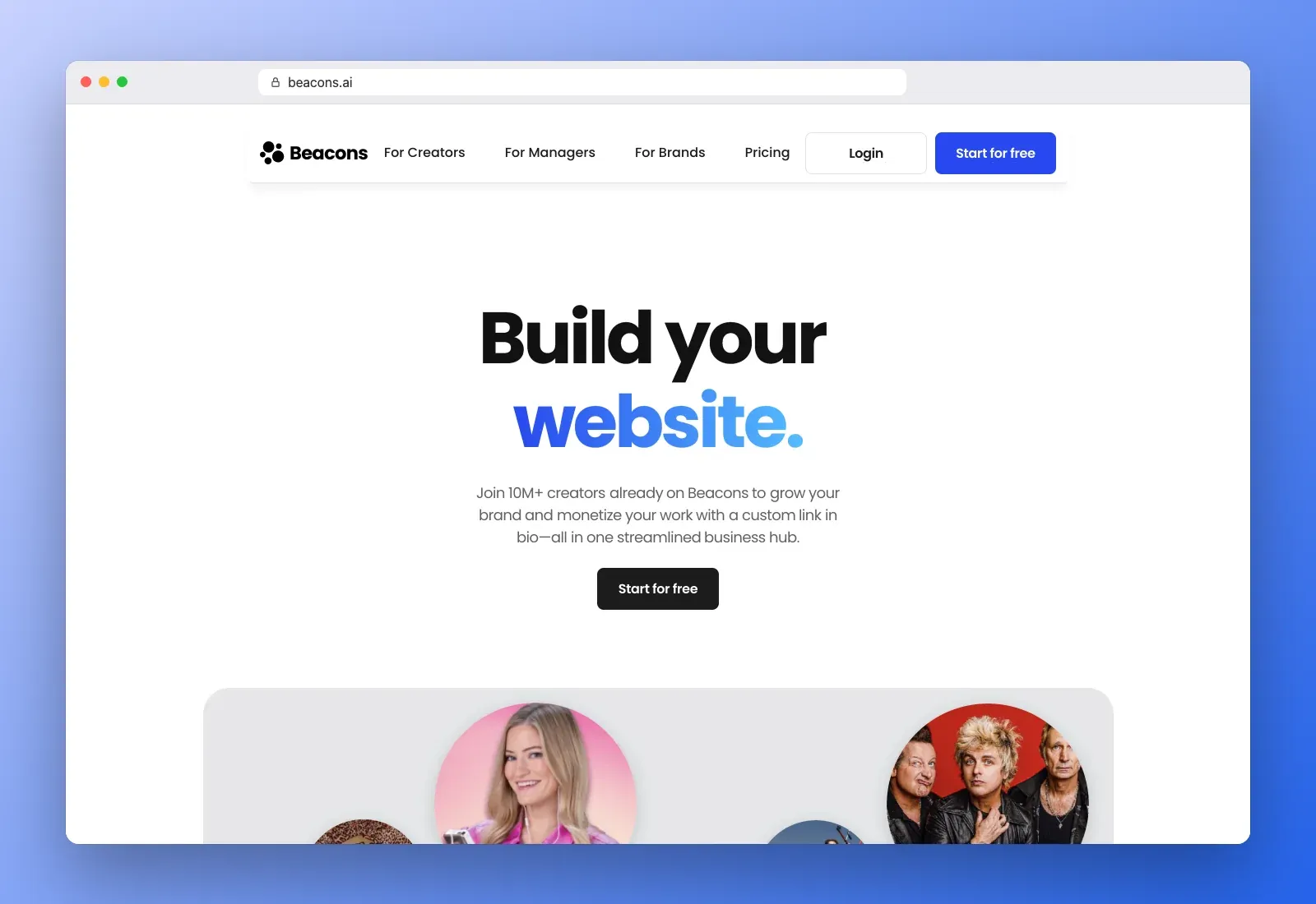 Real screenshot of the Beacons homepage at beacons.ai in a browser, with the "Build your website" headline, a Start for free button and creator photos