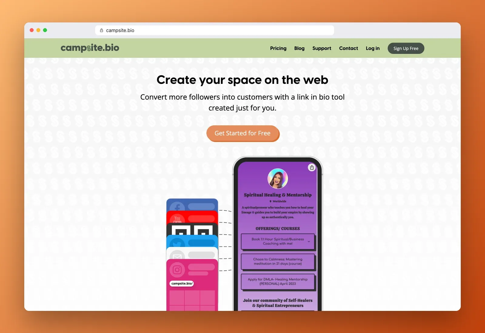 Real screenshot of the Campsite.bio homepage at campsite.bio in a browser, with the "Create your space on the web" headline and a phone showing a link page