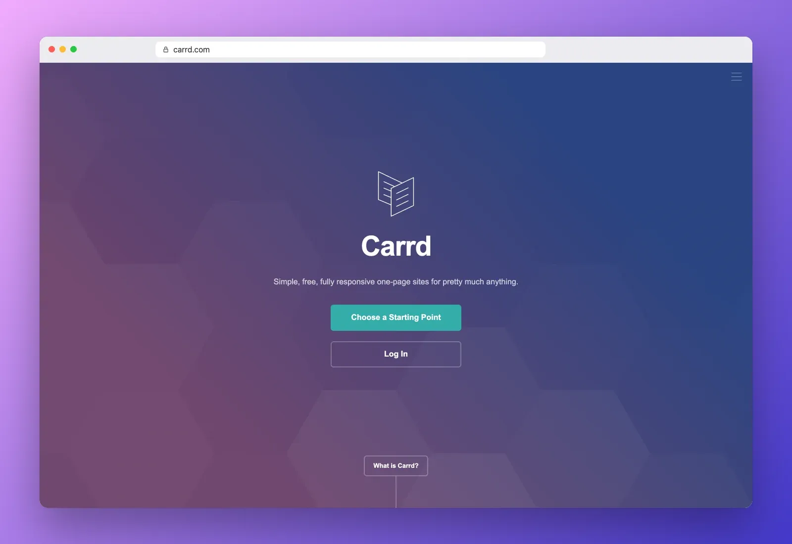 Real screenshot of the Carrd homepage at carrd.com in a browser, with the Carrd logo on a purple gradient and the Choose a Starting Point button