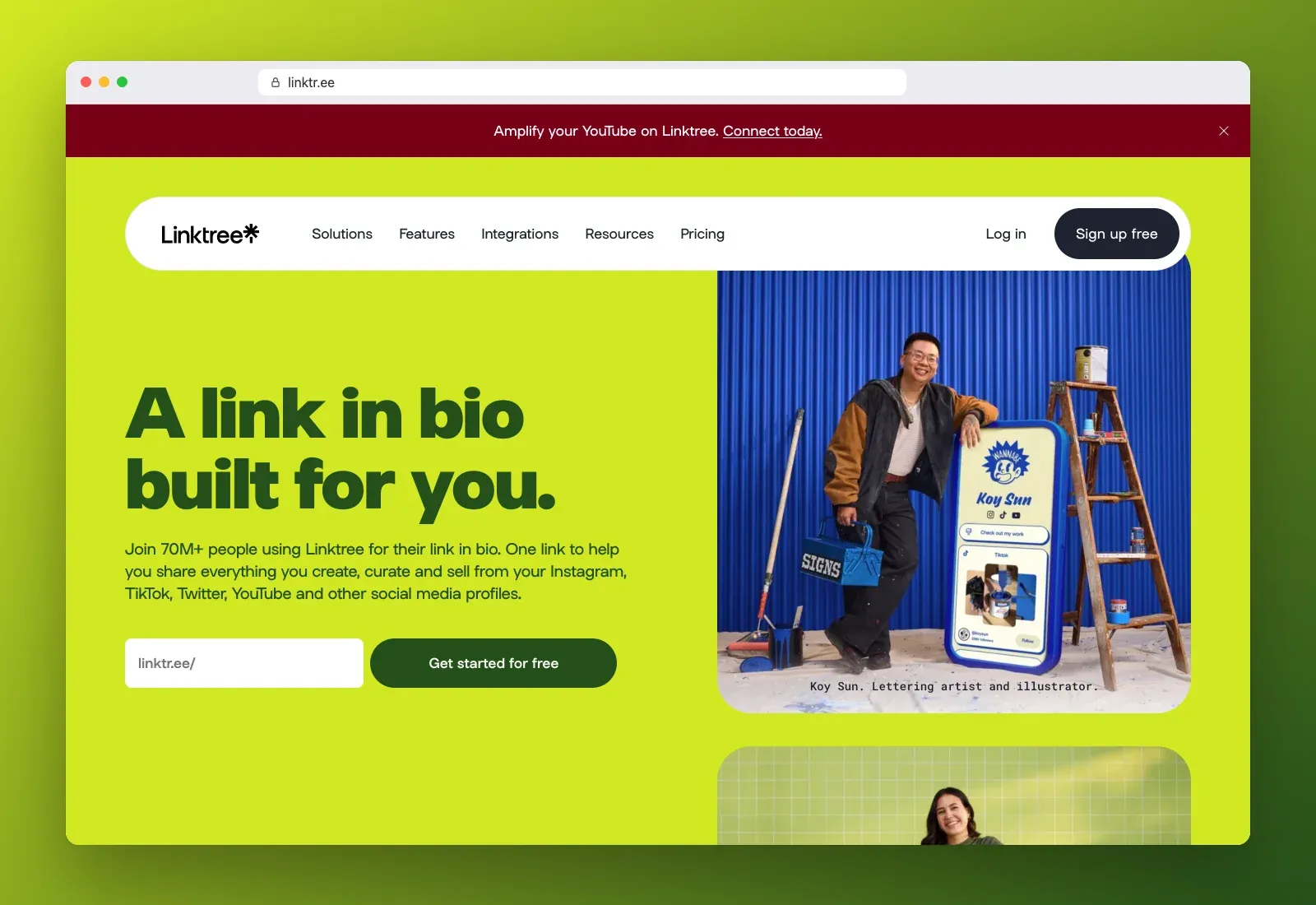Real screenshot of the Linktree homepage at linktr.ee in a browser, with its lime green hero, "A link in bio built for you", a username field and a creator portrait