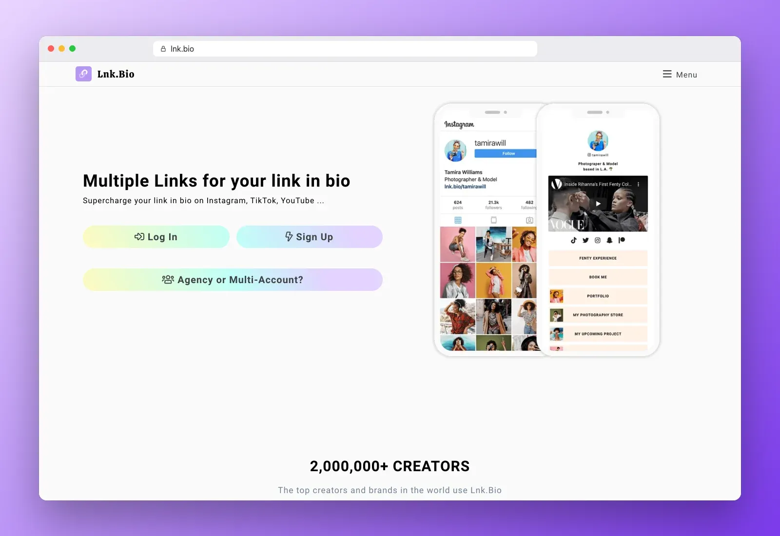 Real screenshot of the Lnk.Bio homepage at lnk.bio in a browser, with the "Multiple Links for your link in bio" headline and two phone previews