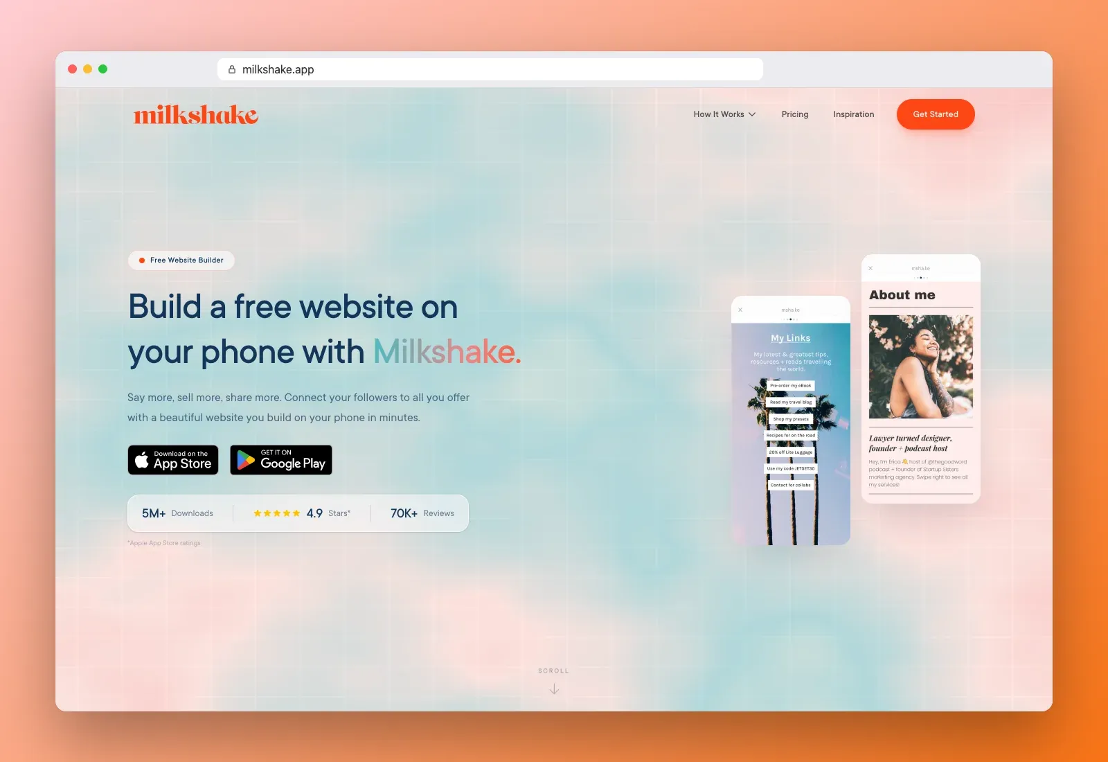 Real screenshot of the Milkshake homepage at milkshake.app in a browser, with the "Build a free website on your phone" headline and app store badges